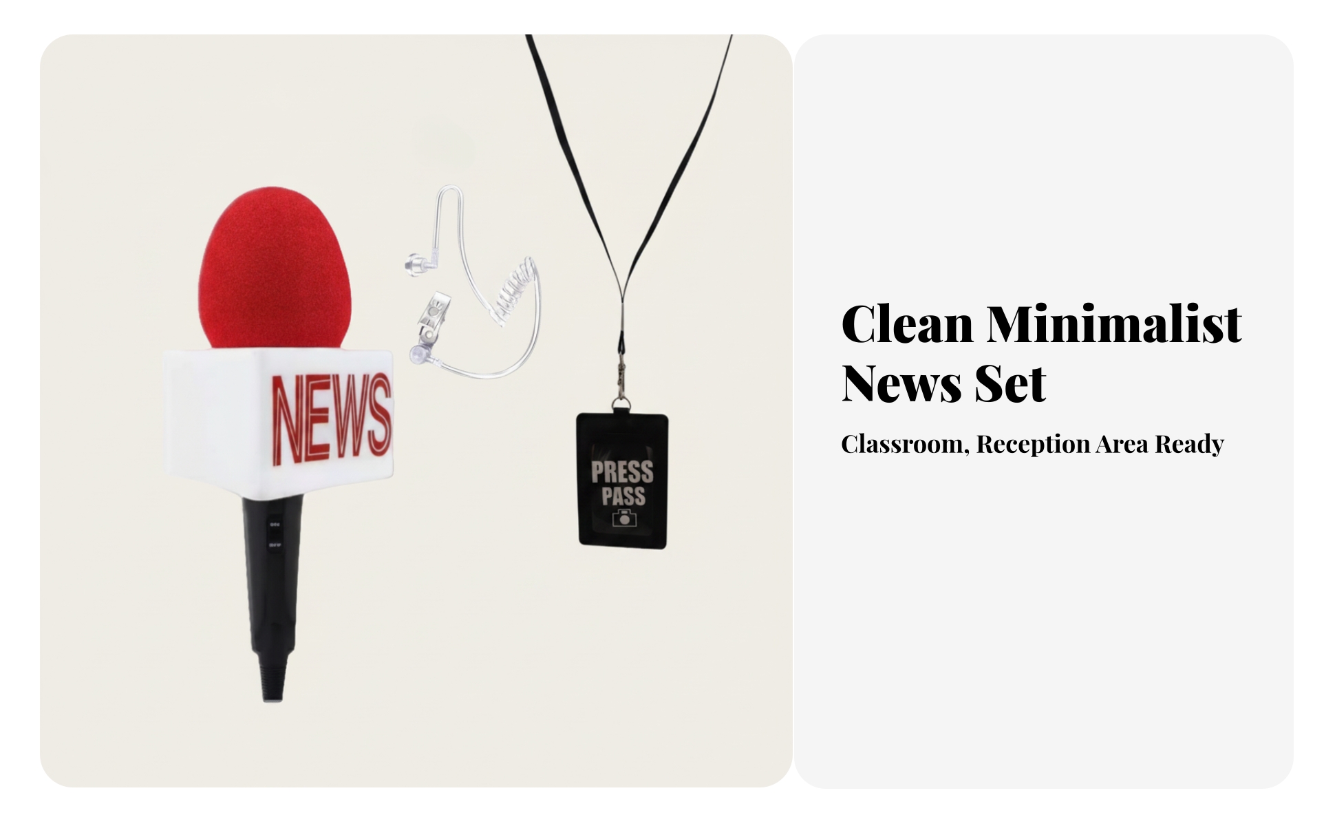 Reporter Voice Pick-up with Press Pass Realistic News Mic Prop with Earpiece