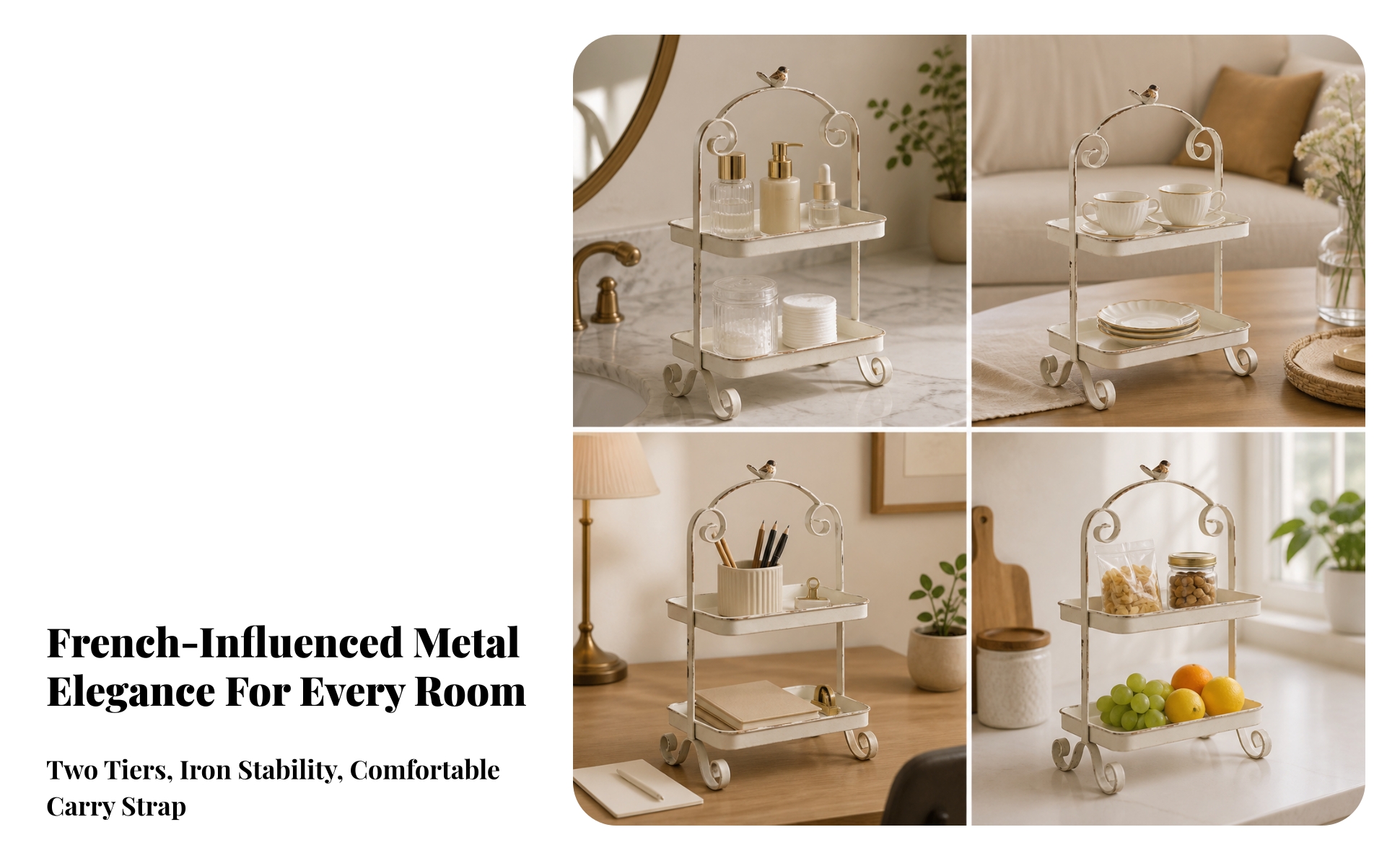 Tabletop Rack with Bird Ornament Vintage 2-Tier Storage Rack Distressed