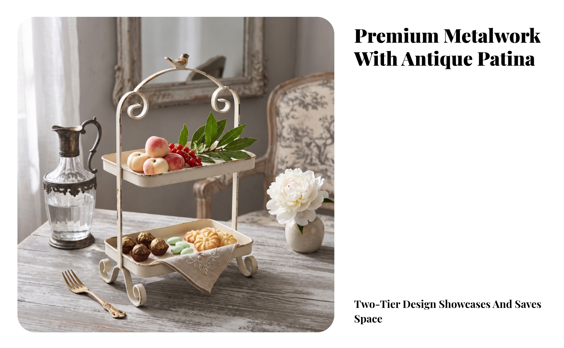 Tabletop Rack with Bird Ornament Vintage 2-Tier Storage Rack Distressed