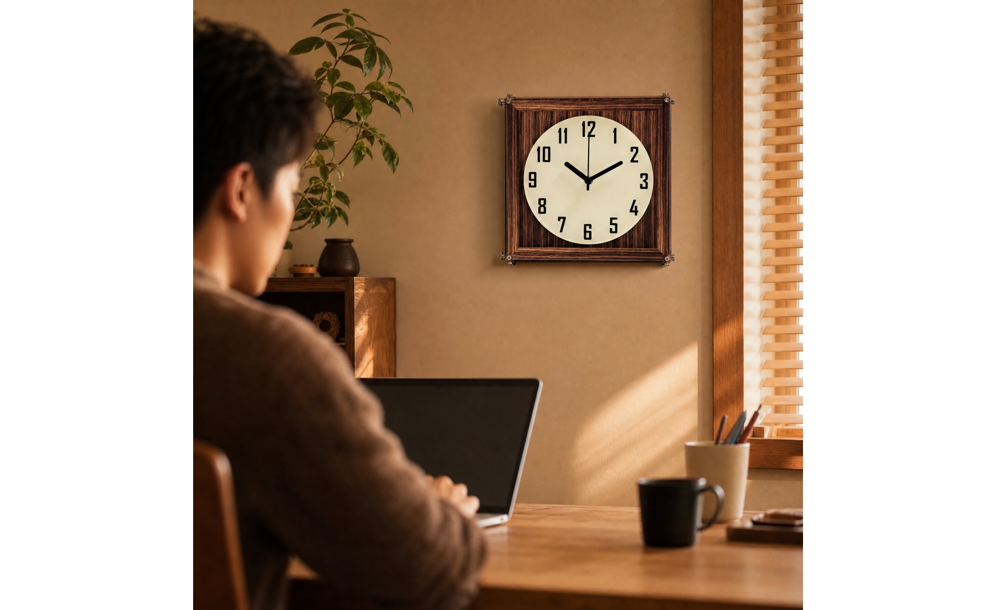 Wall Clock with Walnut Wood-Grain Acrylic Case Decorative for Lobby, Living Room