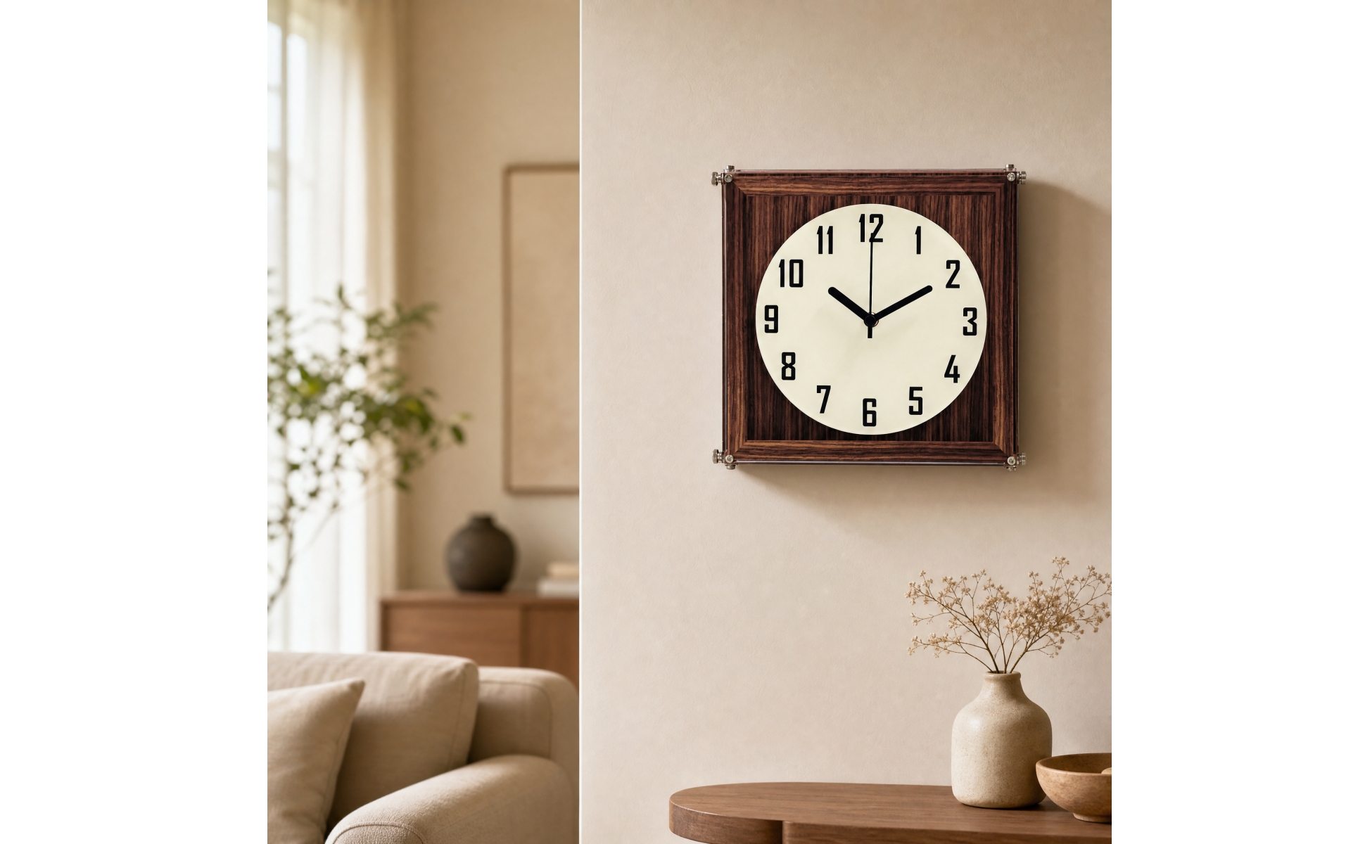Wall Clock with Walnut Wood-Grain Acrylic Case Decorative for Lobby, Living Room