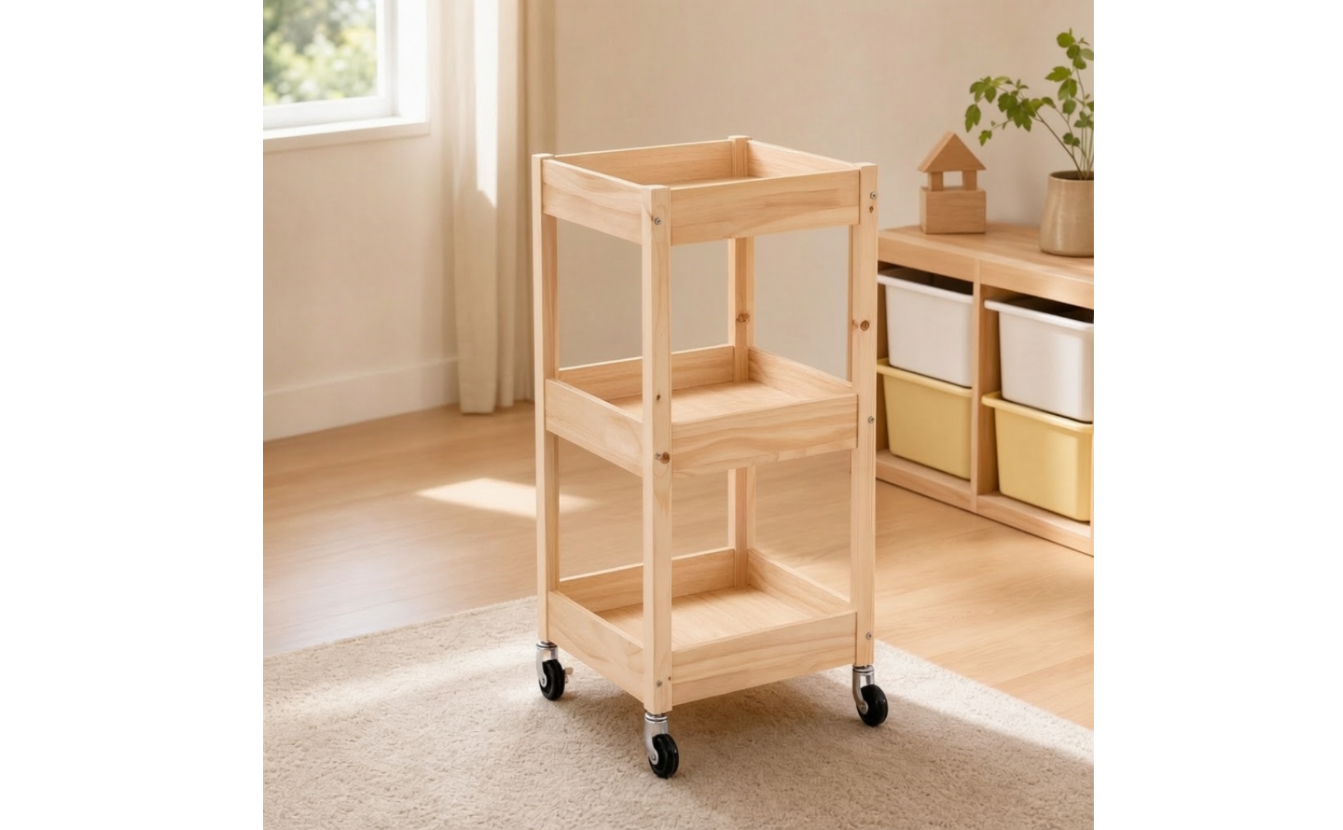 Natural Wood Wood Storage Rack with Casters Lockable for Classroom