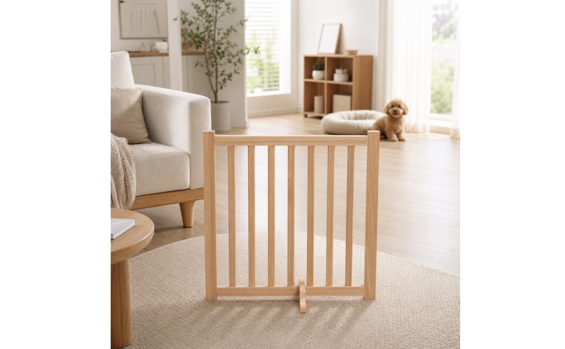Wooden Pet Gate with Hinged Joints Natural-Finish for Room Dividers, Dog Owners