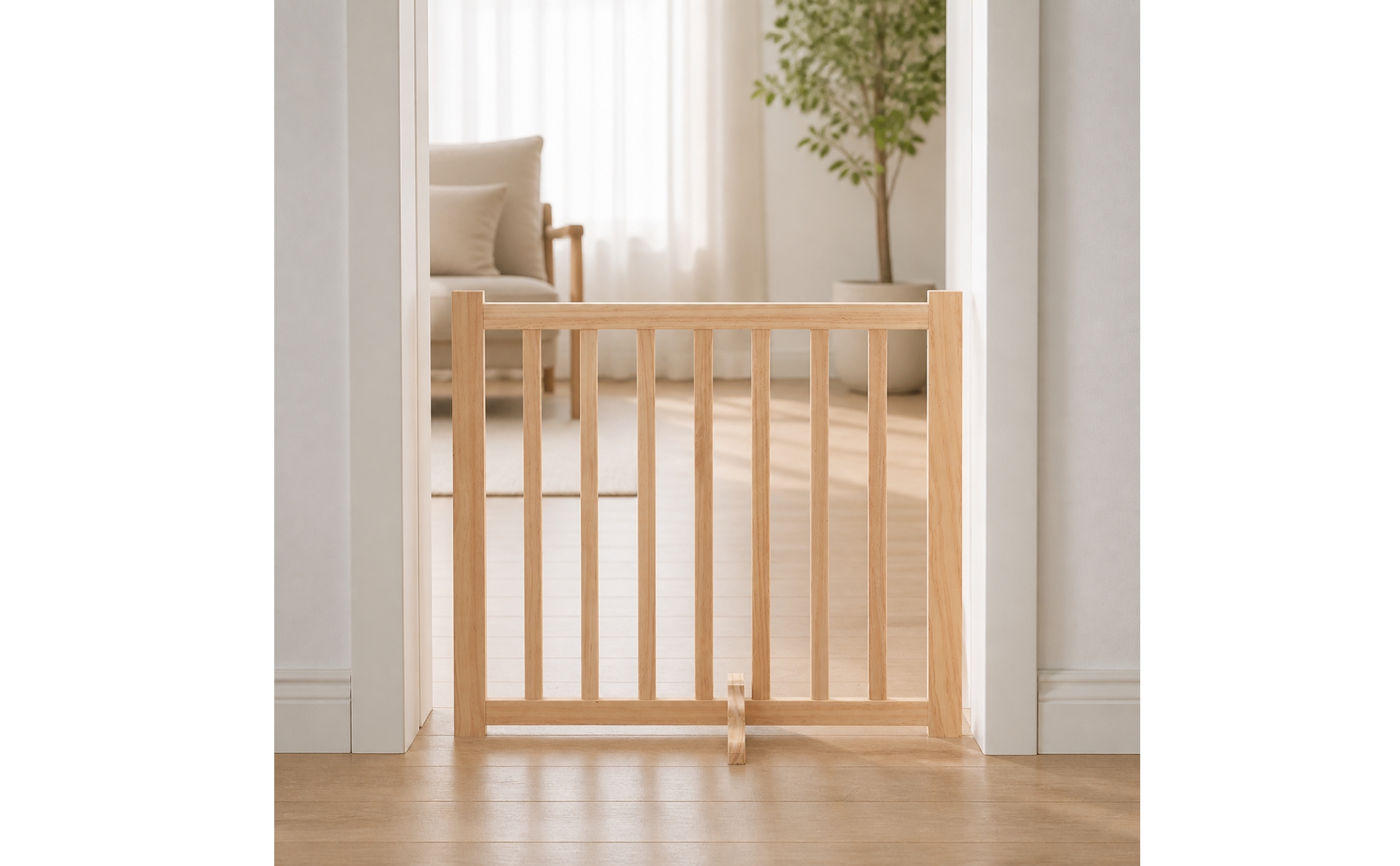 Wooden Pet Gate with Hinged Joints Natural-Finish for Room Dividers, Dog Owners
