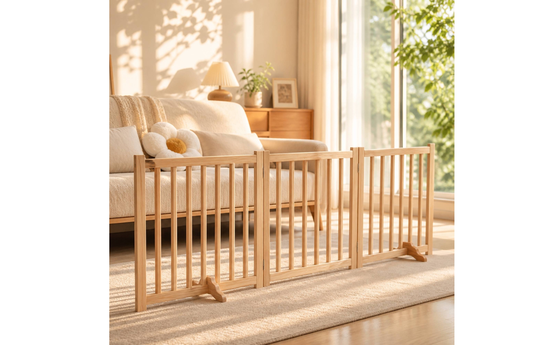 Wooden Pet Gate with Hinged Joints Natural-Finish for Room Dividers, Dog Owners