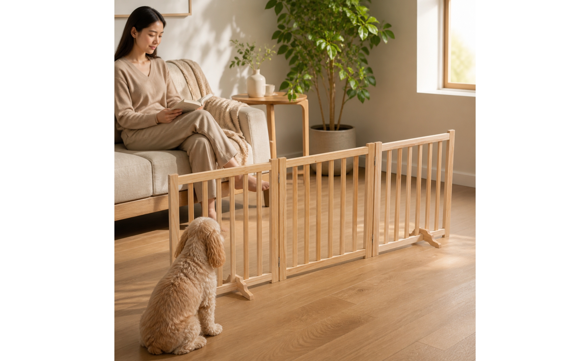 Wooden Pet Gate with Hinged Joints Natural-Finish for Room Dividers, Dog Owners