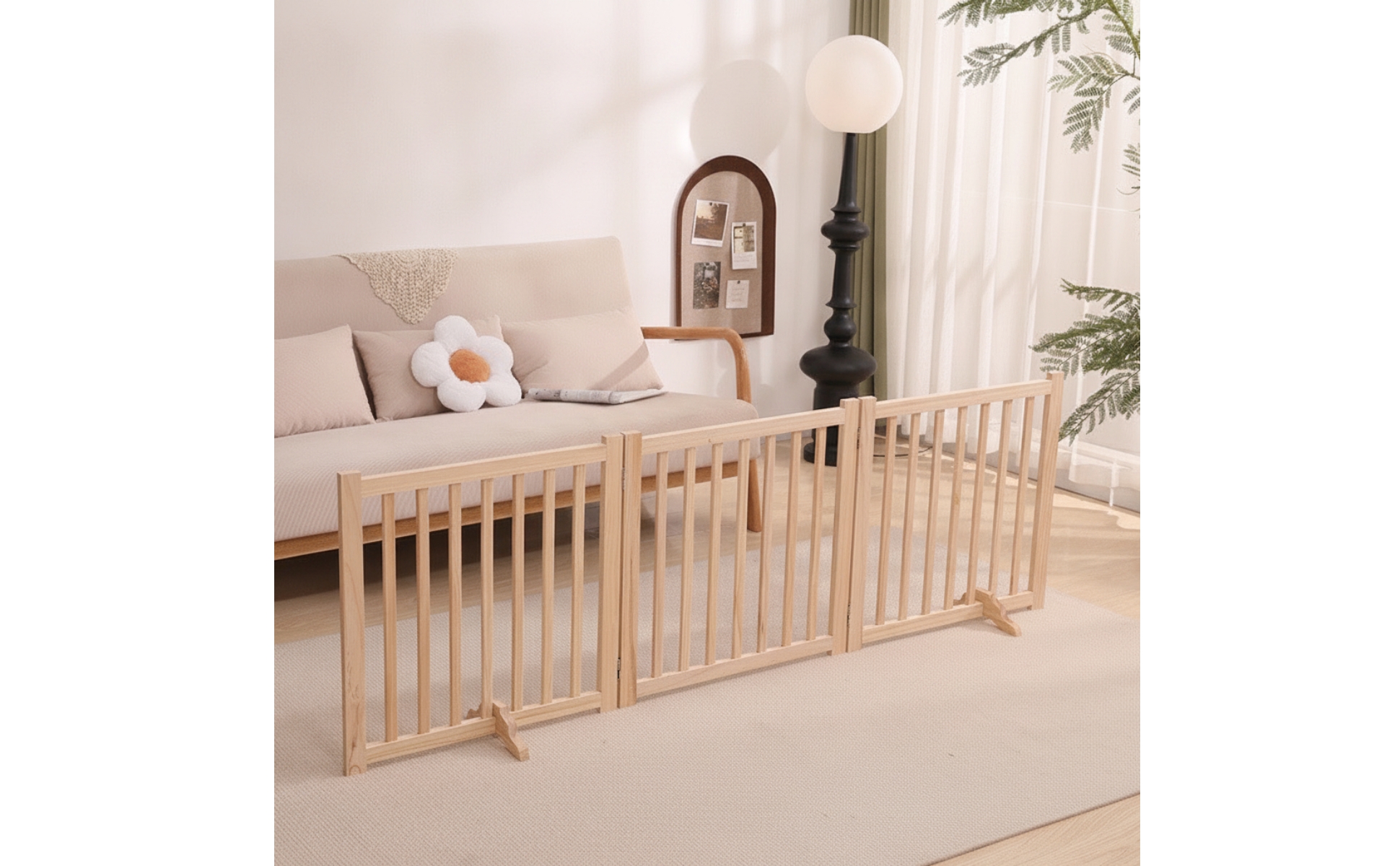 Wooden Pet Gate with Hinged Joints Natural-Finish for Room Dividers, Dog Owners