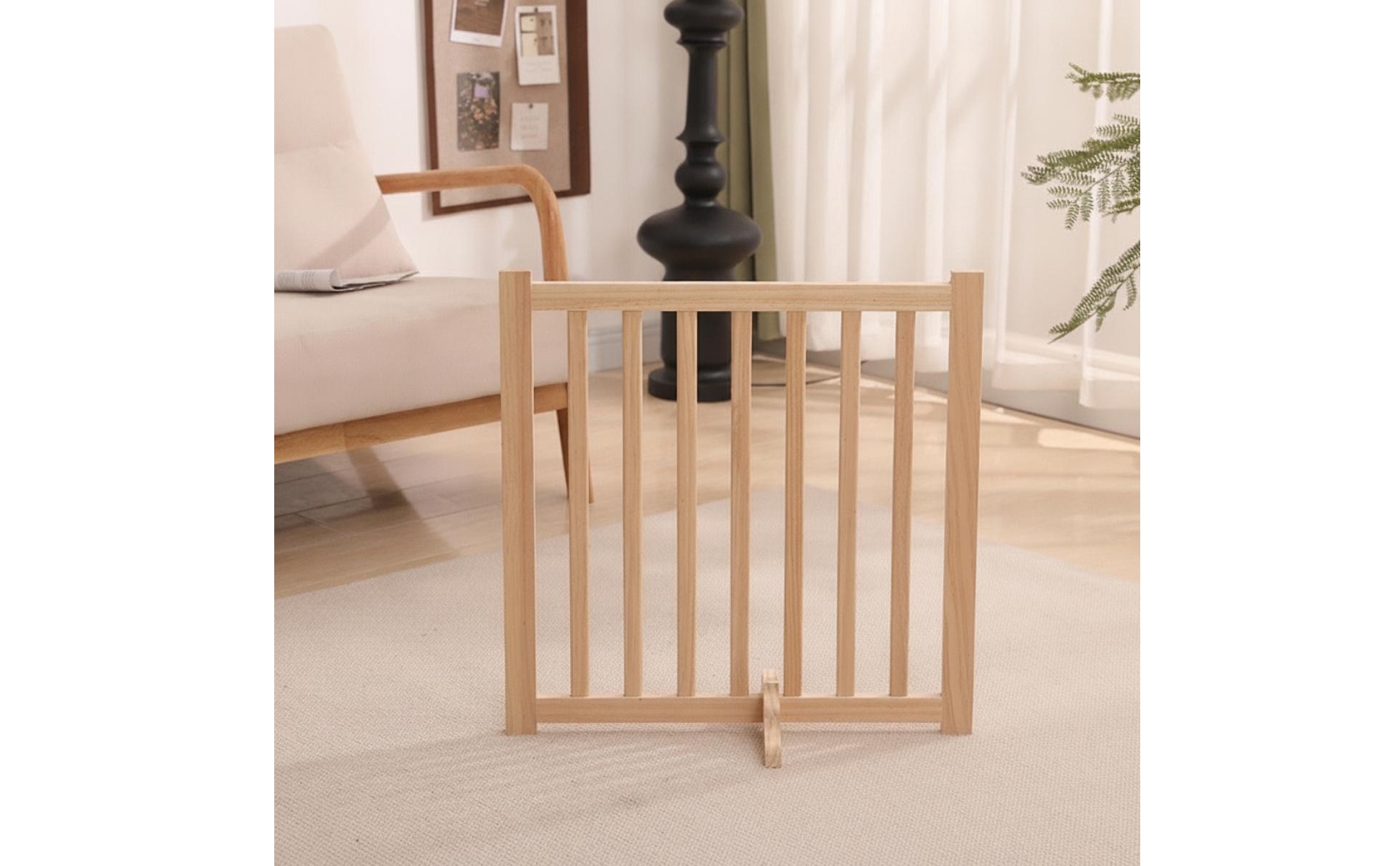 Wooden Pet Gate with Hinged Joints Natural-Finish for Room Dividers, Dog Owners