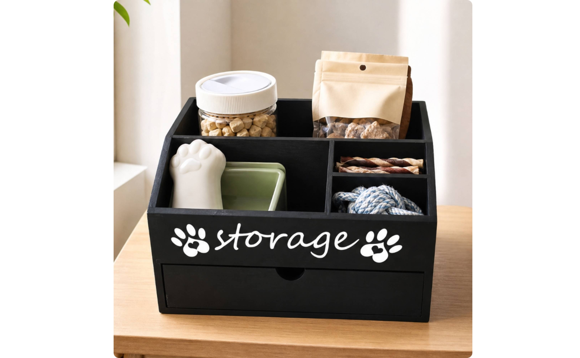 Haustier-Organizer mit Schublade Massivholz kleine Haustier-Vorratsbox aus Holz