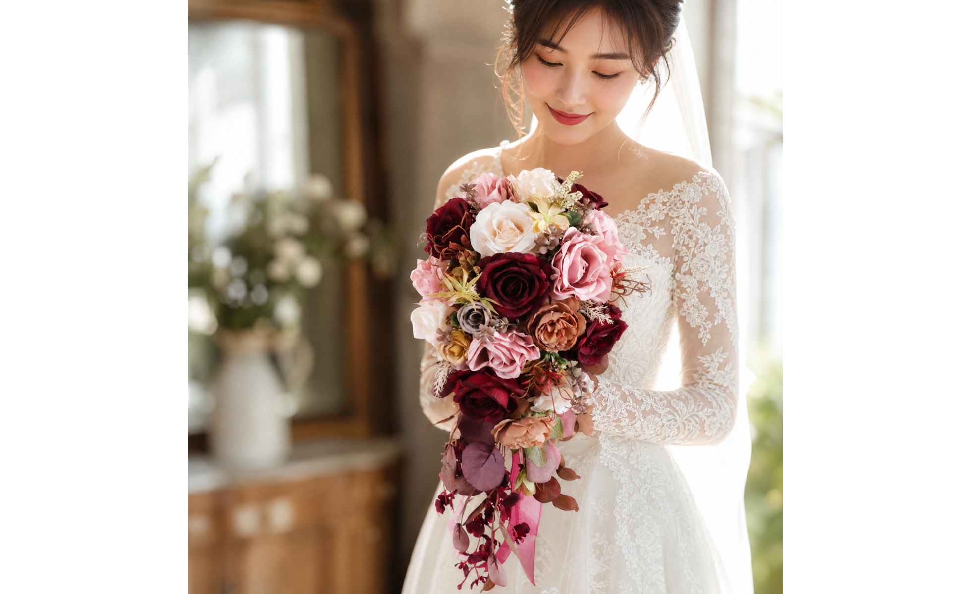 Bouquet de Mariée Cascade Léger Bouquet de Mariée En Soie Artificielle Réaliste