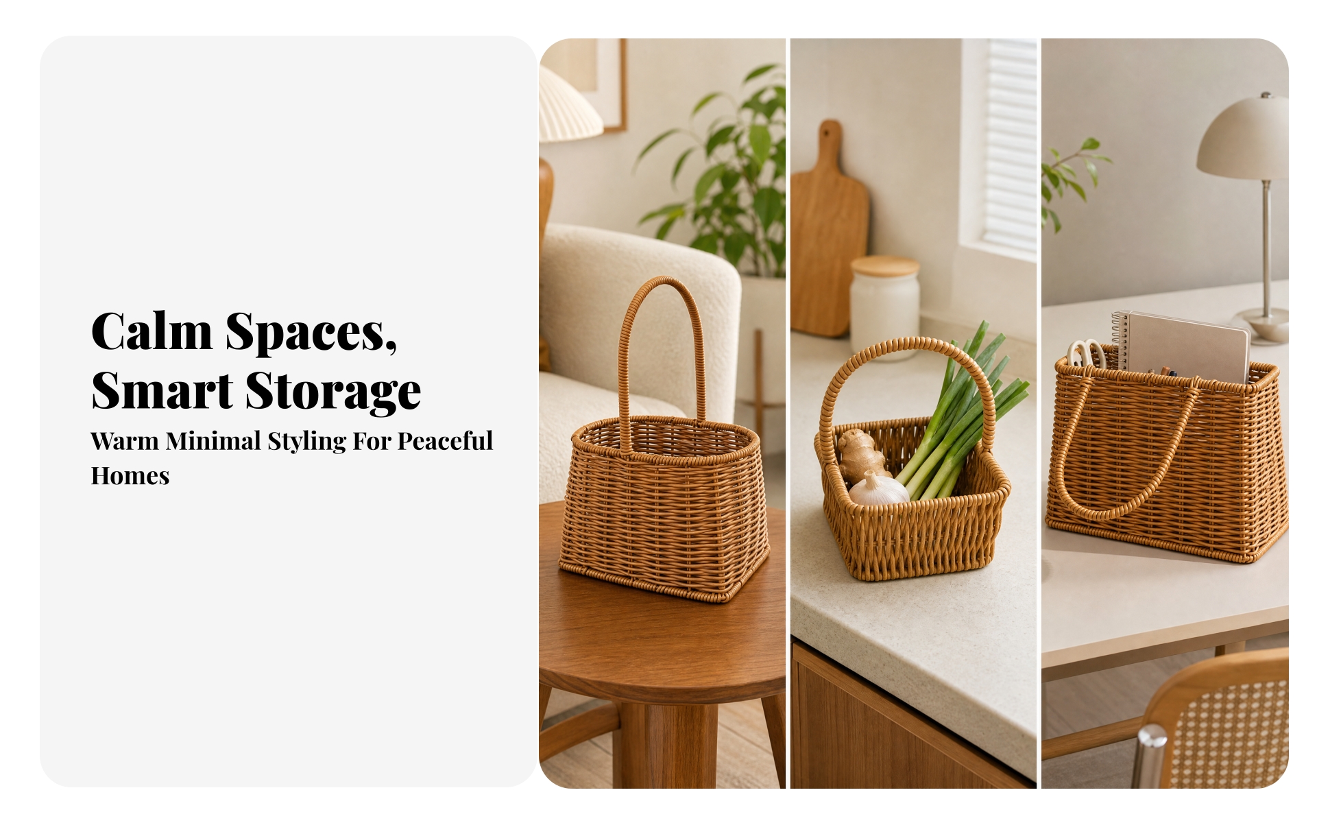 Woven Bin Open-Top Woven Rattan-Style Basket with Handle Sturdy
