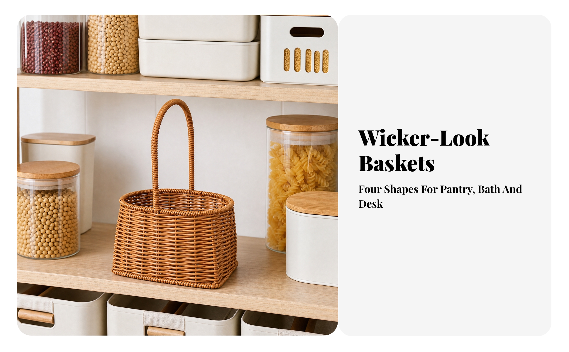 Woven Bin Open-Top Woven Rattan-Style Basket with Handle Sturdy