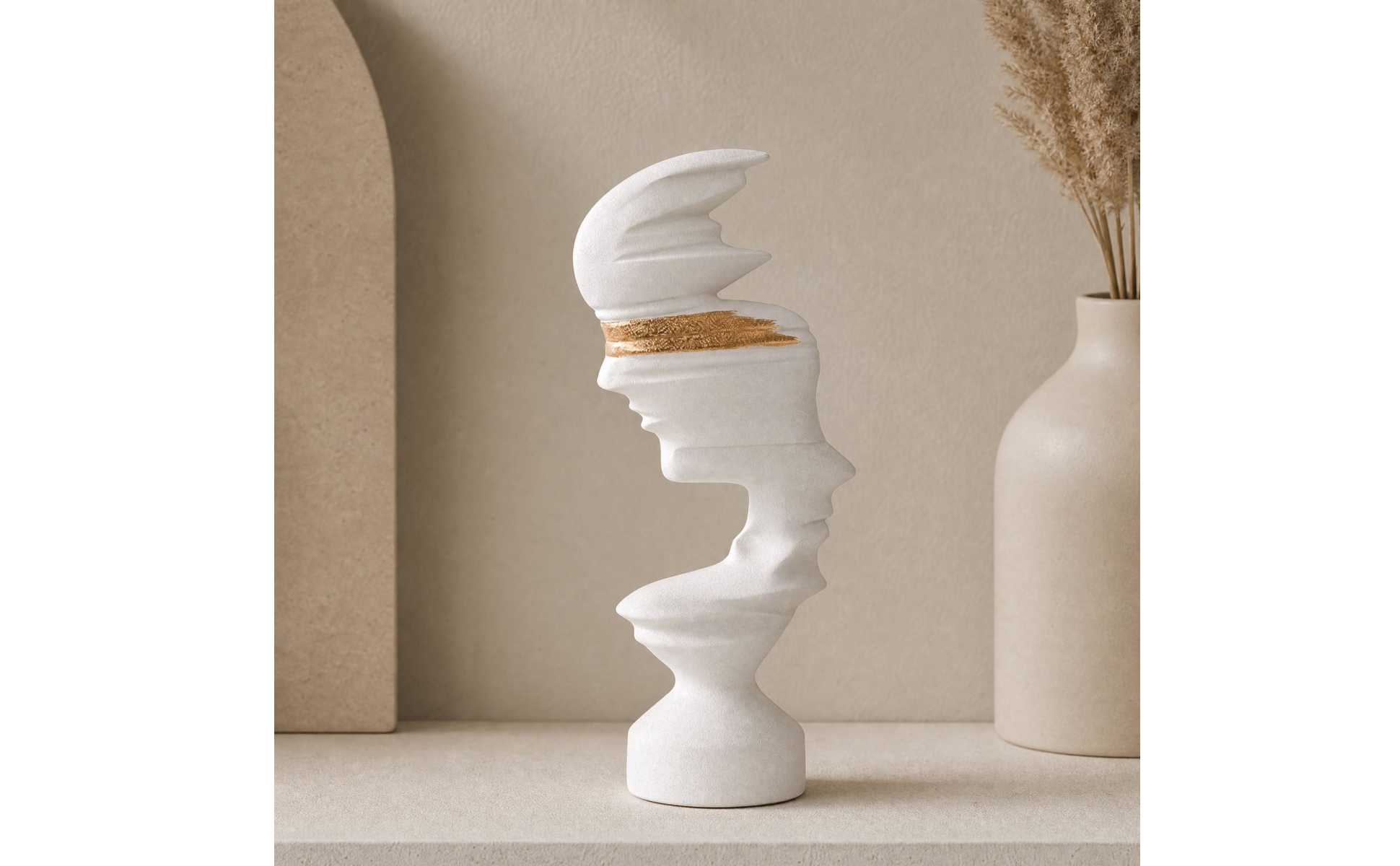Modern Minimalist Human Profile Sculpture White and Gold for Television Cabinet