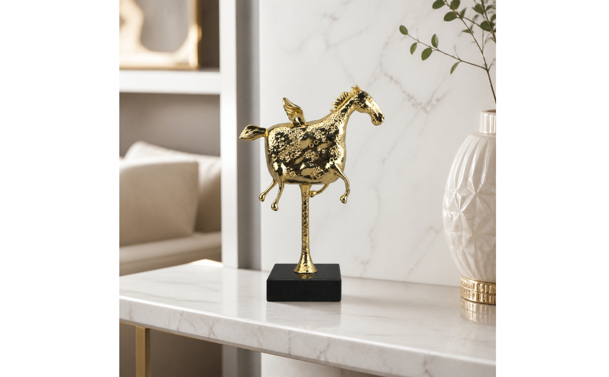 Winged Horse Figurine with Black Base Textured Brass Winged Horse Figurine