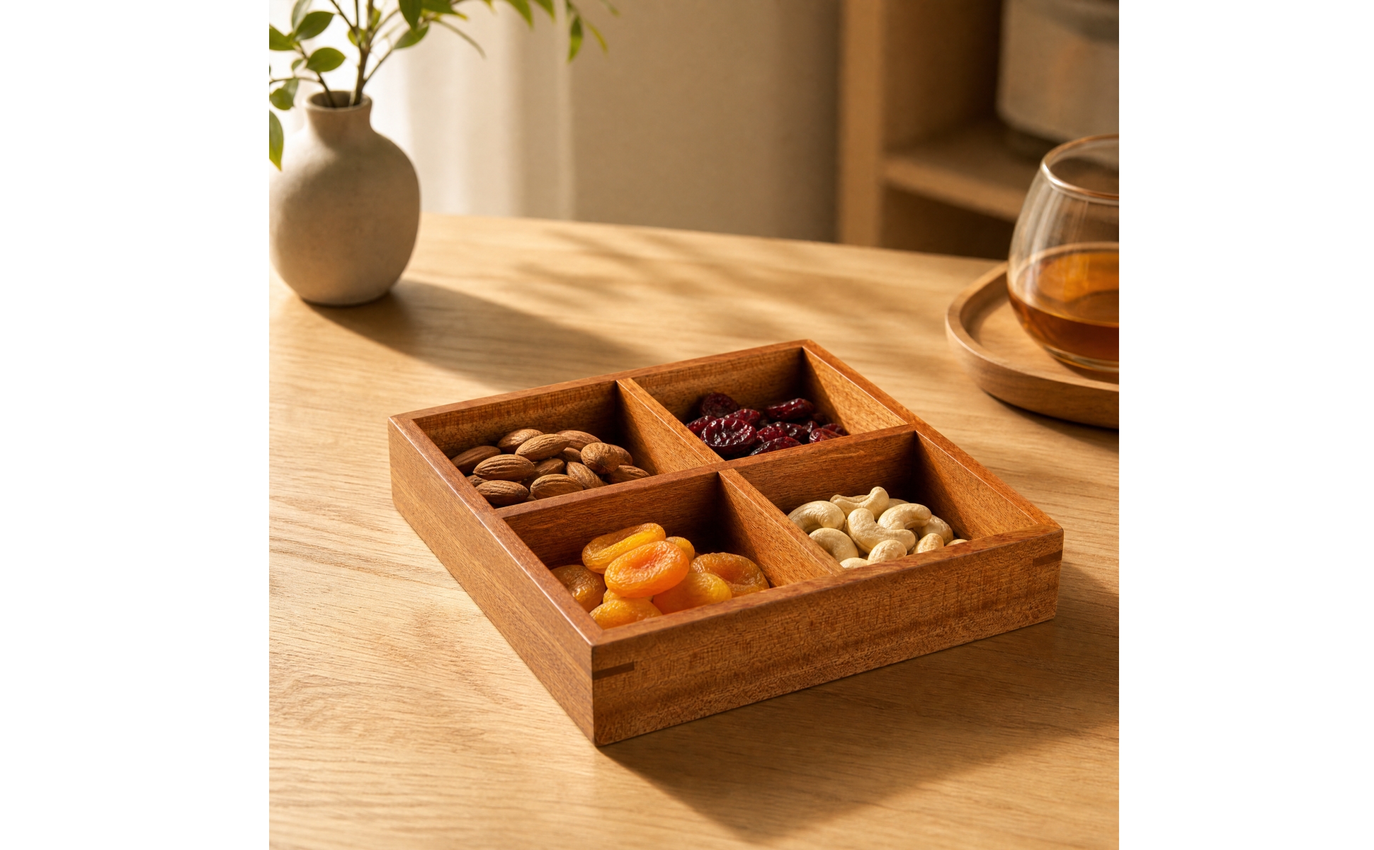 Solid Wood Compartment Tray Divided Square Wooden Tray with Dividers for Dresser