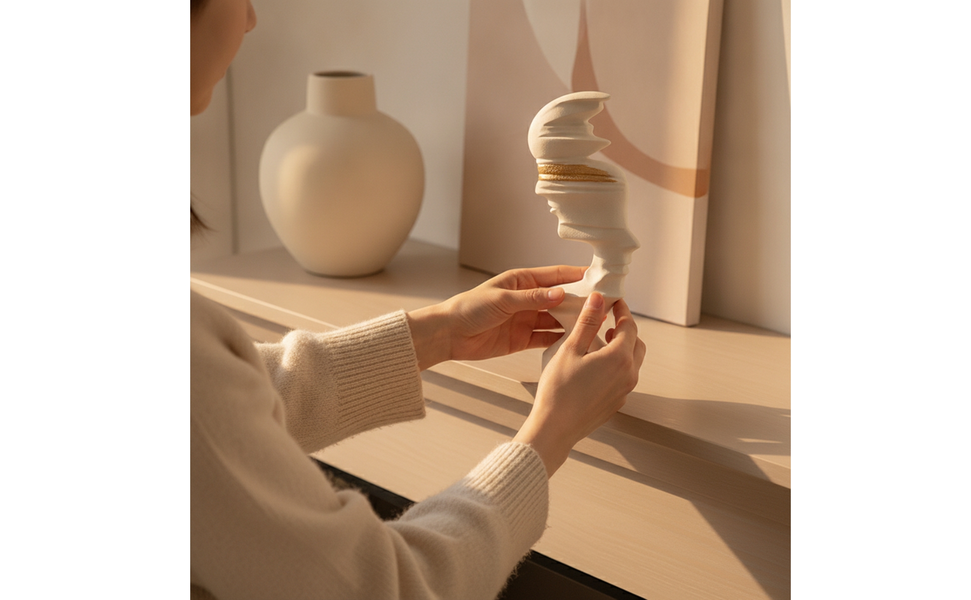 Modern Minimalist Human Profile Sculpture White and Gold for Television Cabinet