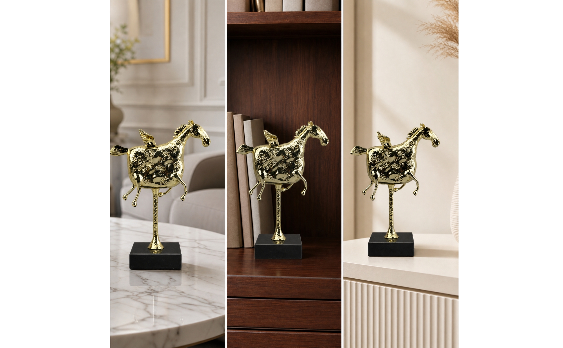 Winged Horse Figurine with Black Base Textured Brass Winged Horse Figurine