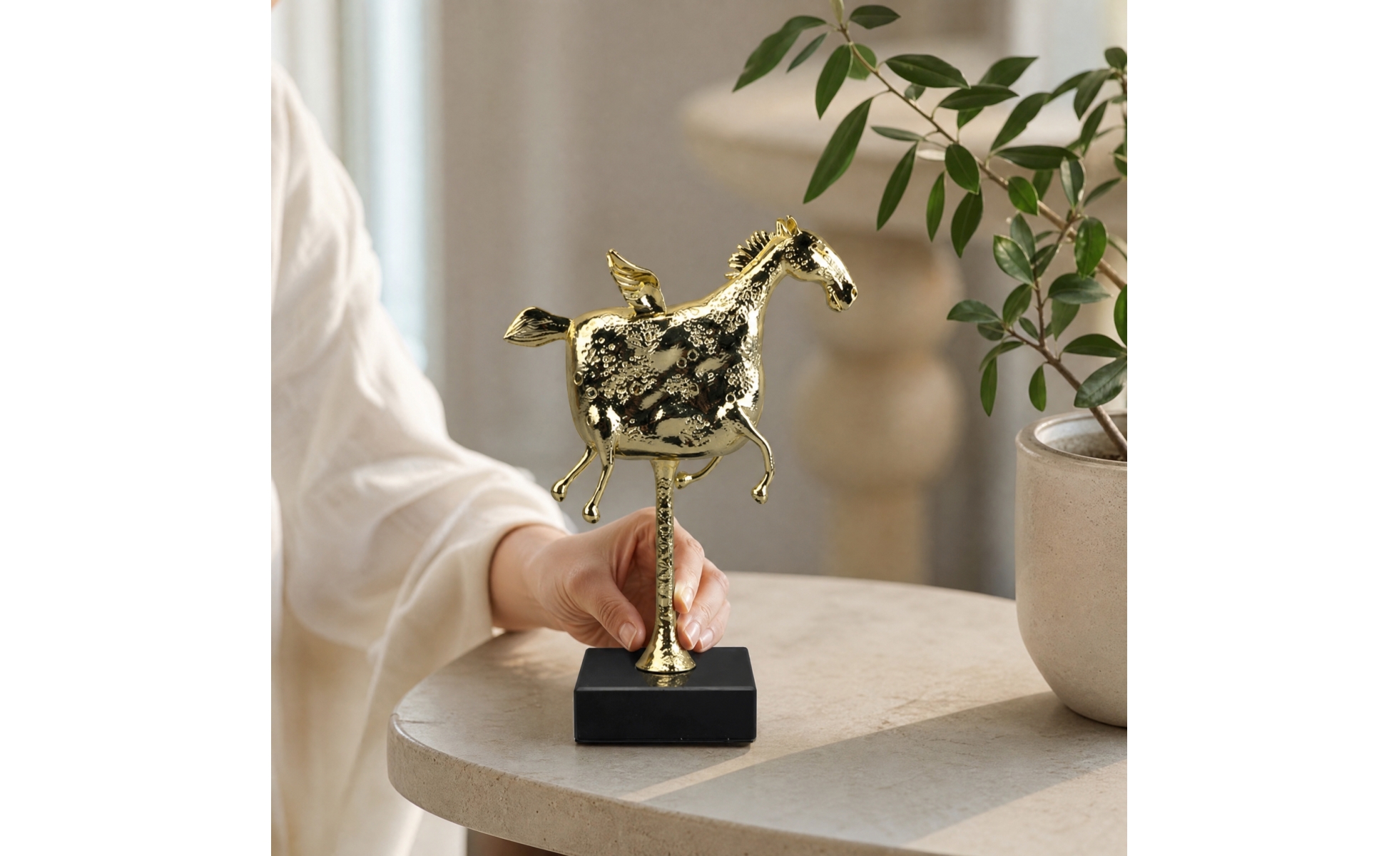 Winged Horse Figurine with Black Base Textured Brass Winged Horse Figurine
