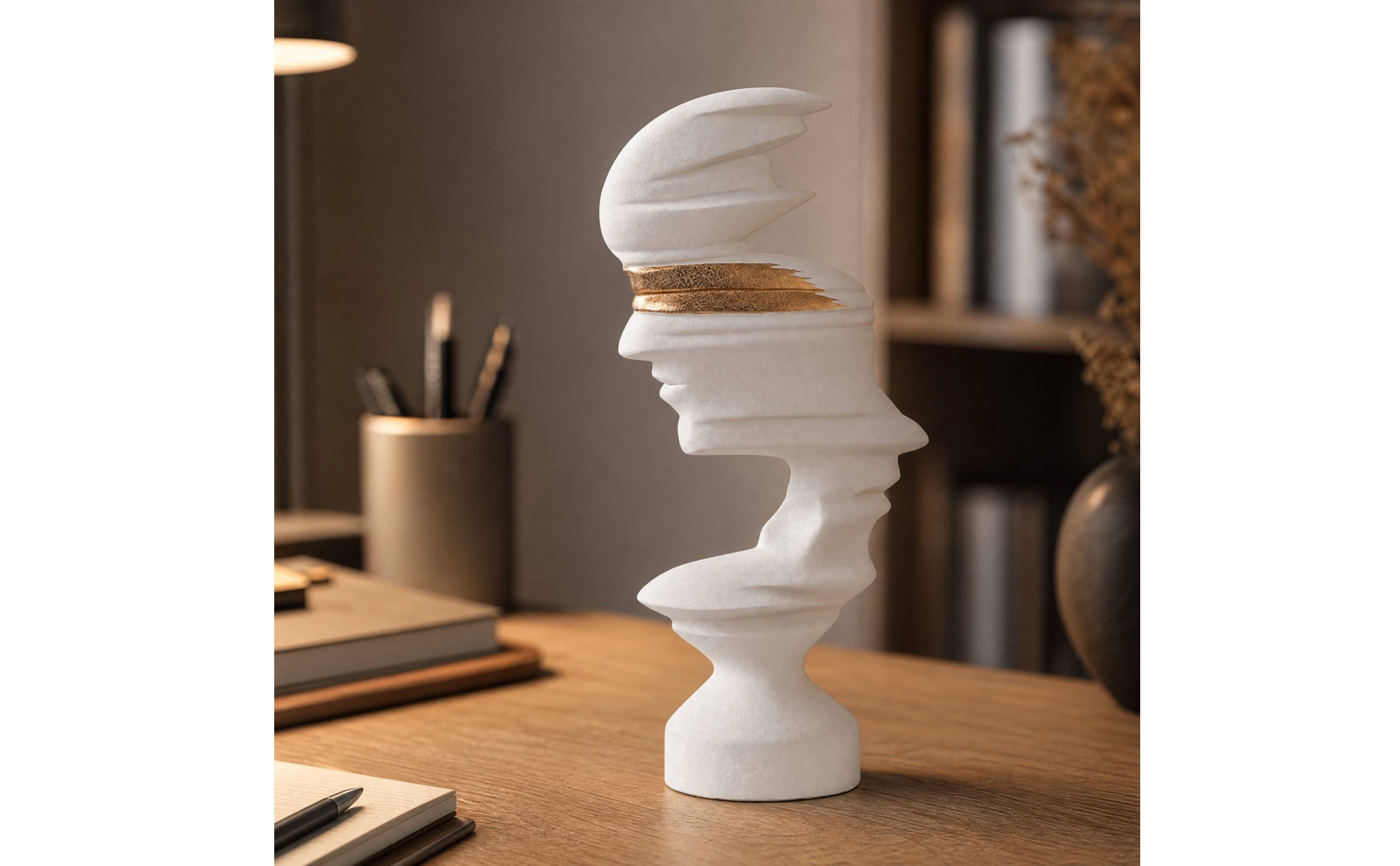 Modern Minimalist Human Profile Sculpture White and Gold for Television Cabinet