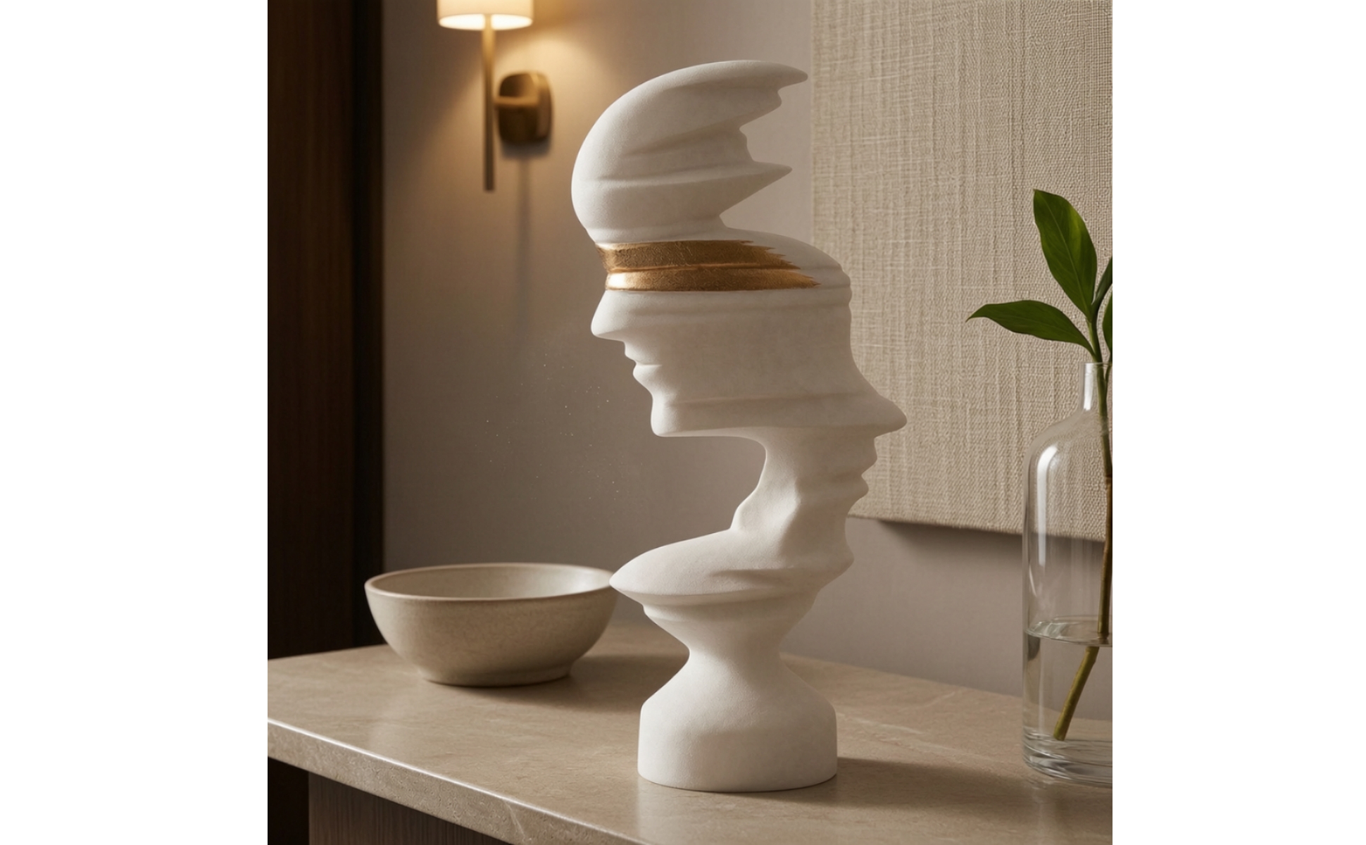 Modern Minimalist Human Profile Sculpture White and Gold for Television Cabinet