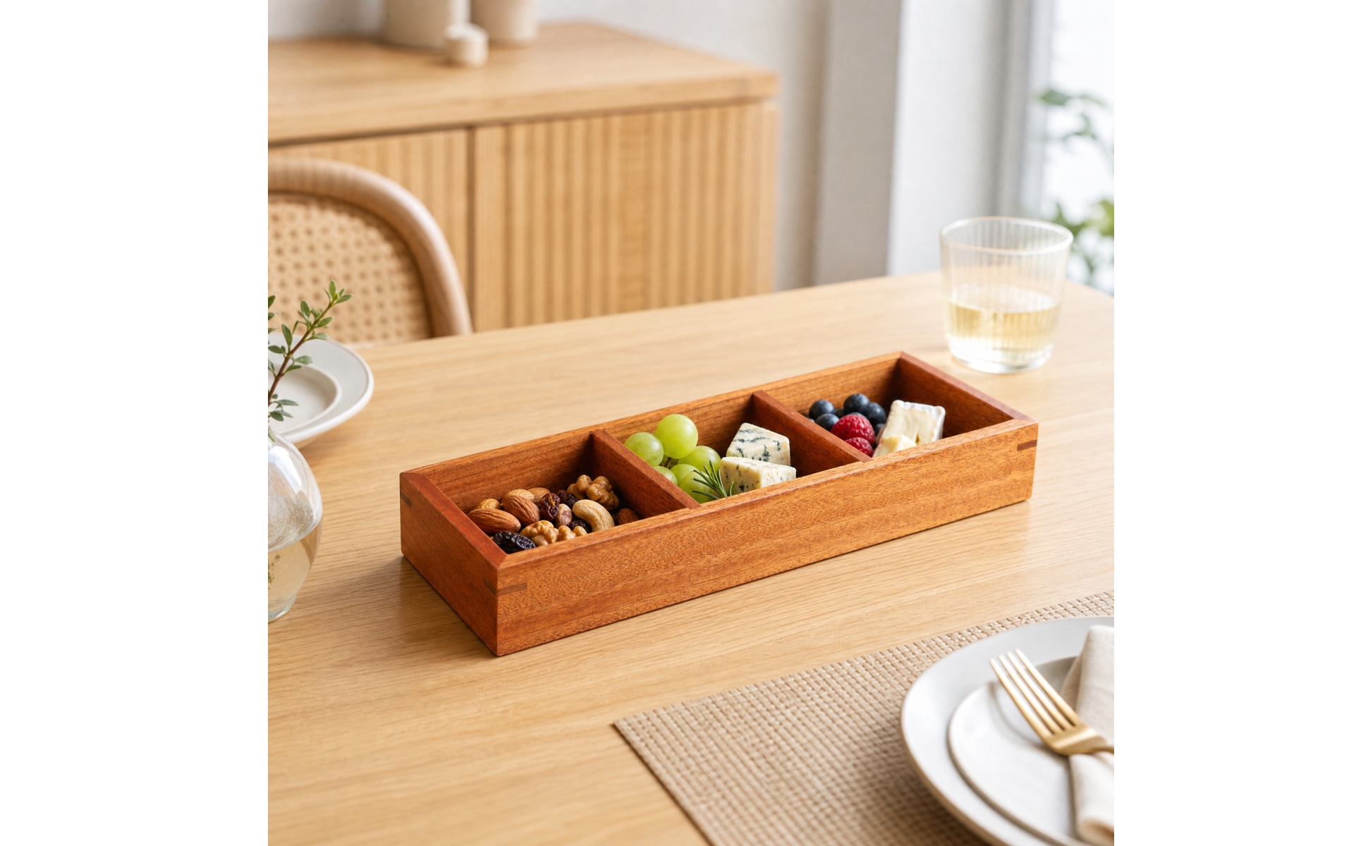 Solid Wood Compartment Tray Divided Square Wooden Tray with Dividers for Dresser