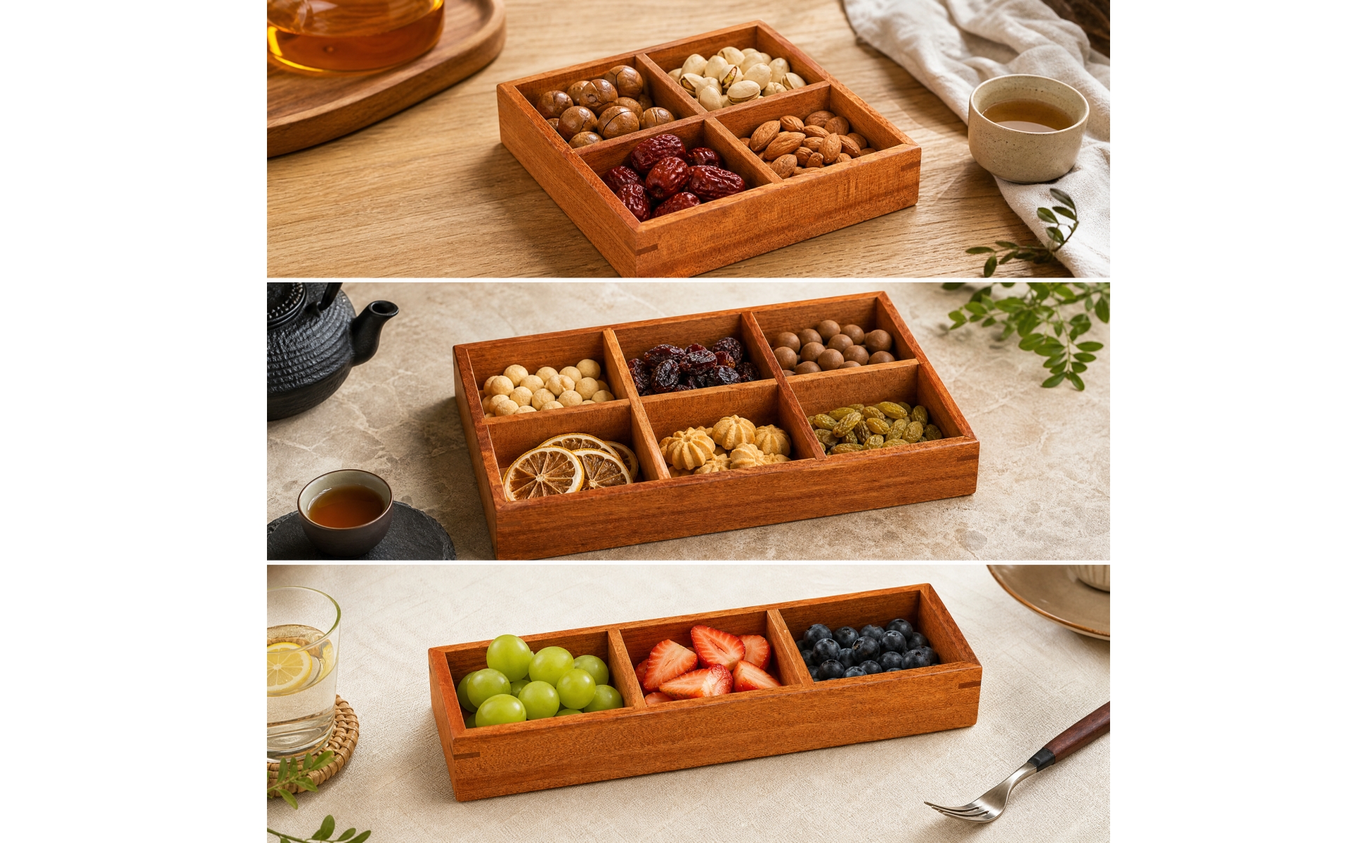 Solid Wood Compartment Tray Divided Square Wooden Tray with Dividers for Dresser