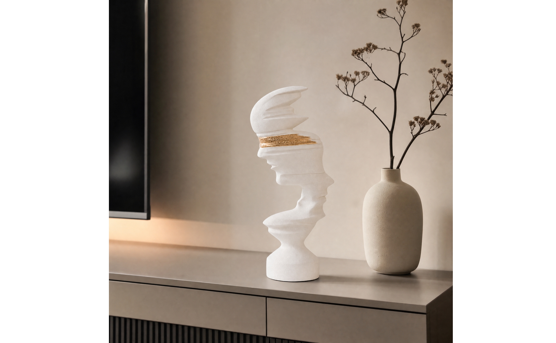 Modern Minimalist Human Profile Sculpture White and Gold for Television Cabinet