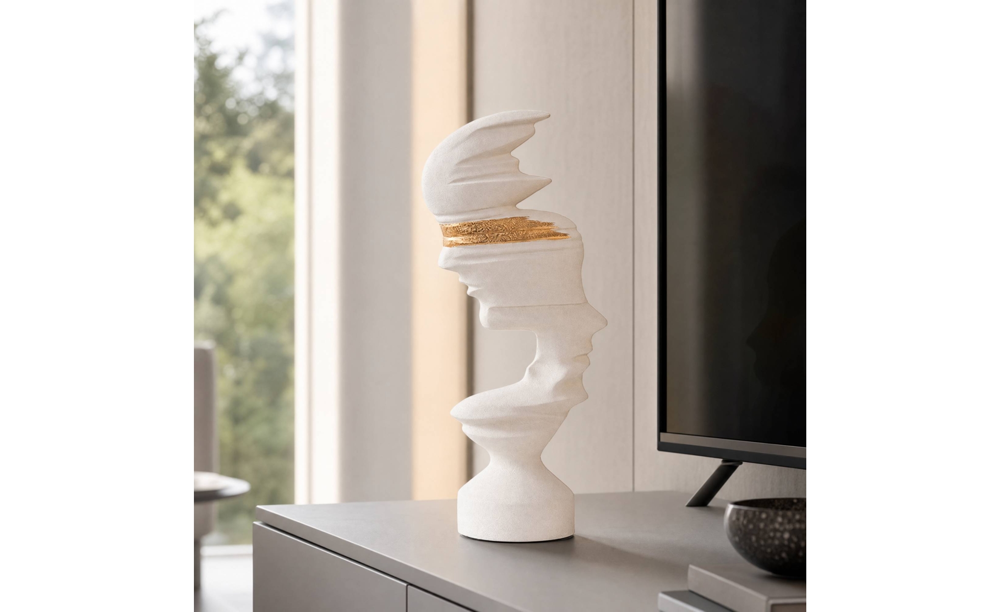 Modern Minimalist Human Profile Sculpture White and Gold for Television Cabinet