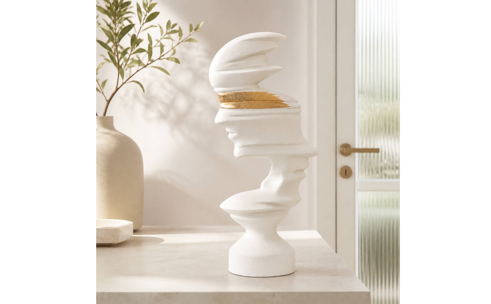 Modern Minimalist Human Profile Sculpture White and Gold for Television Cabinet