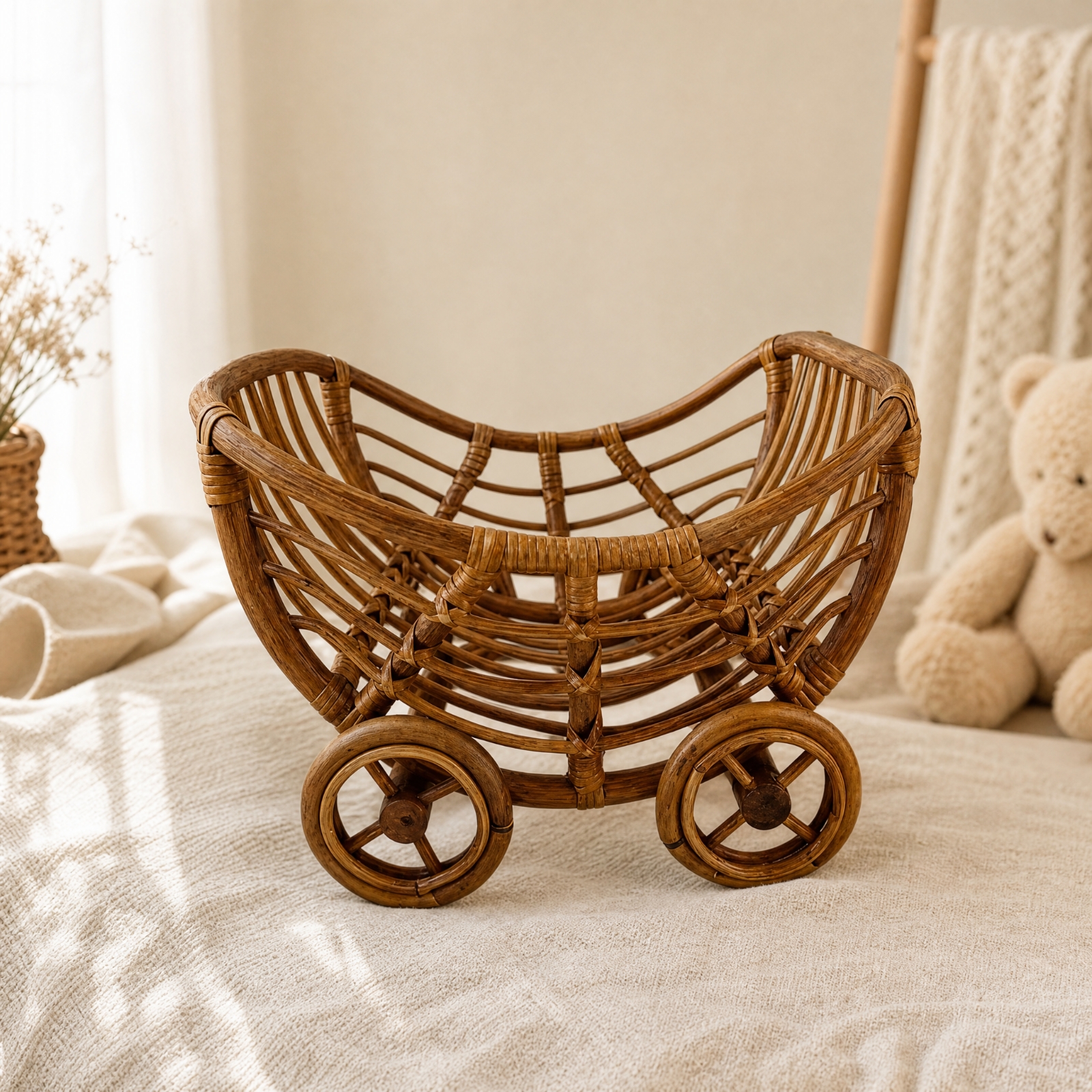 Baby-Fotokorb aus Rattan mit Rollen tragbar Rattan-Baby-Fotokorb dekorativ - Produktbild 5