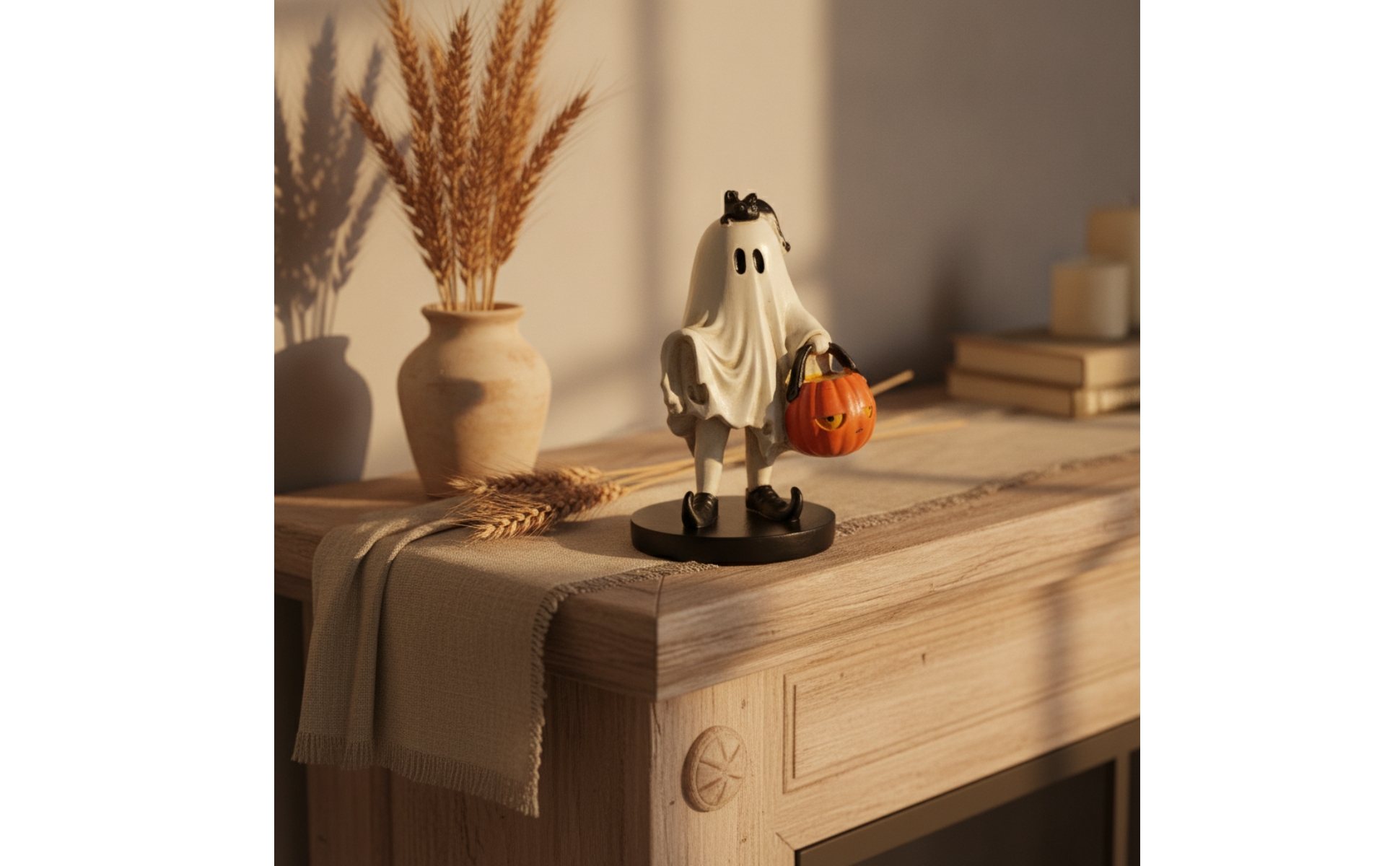 Halloween Figurine Freestanding Ghost Figurine with Pumpkin Basket Sculpted