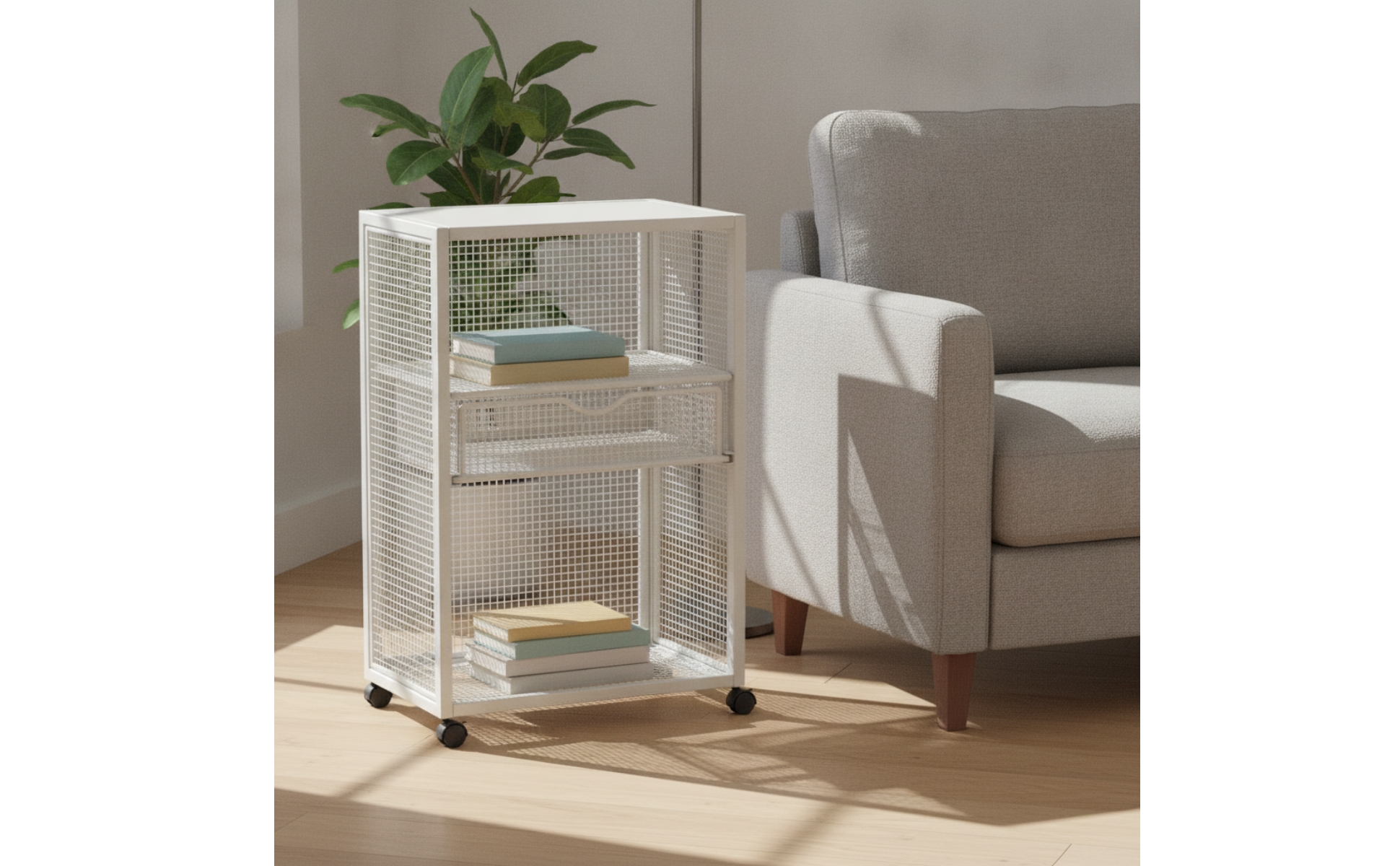 Metal Rolling Storage Cart White Finish for Reading Nook, Study Corner