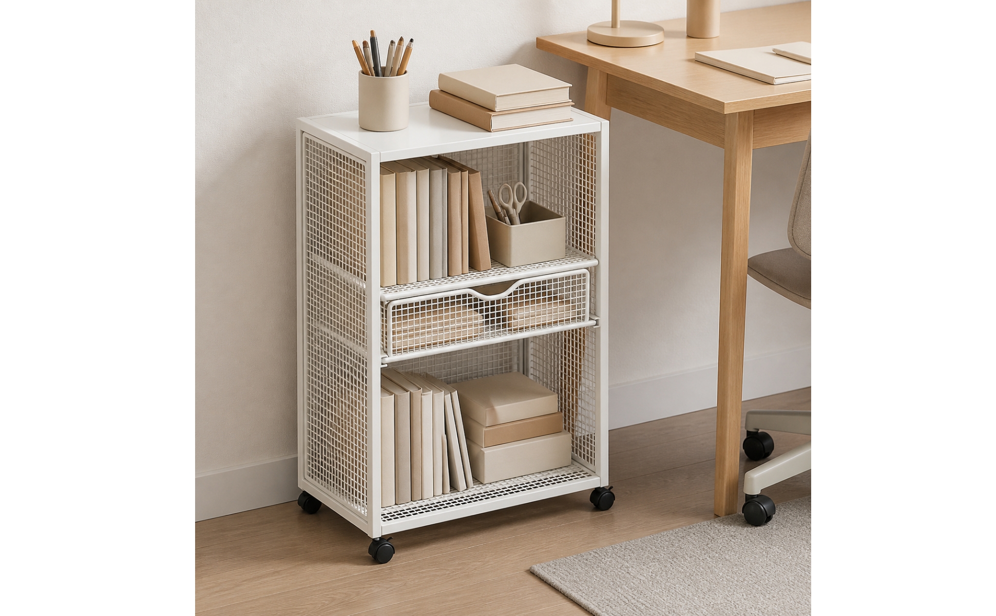 Metal Rolling Storage Cart White Finish for Reading Nook, Study Corner
