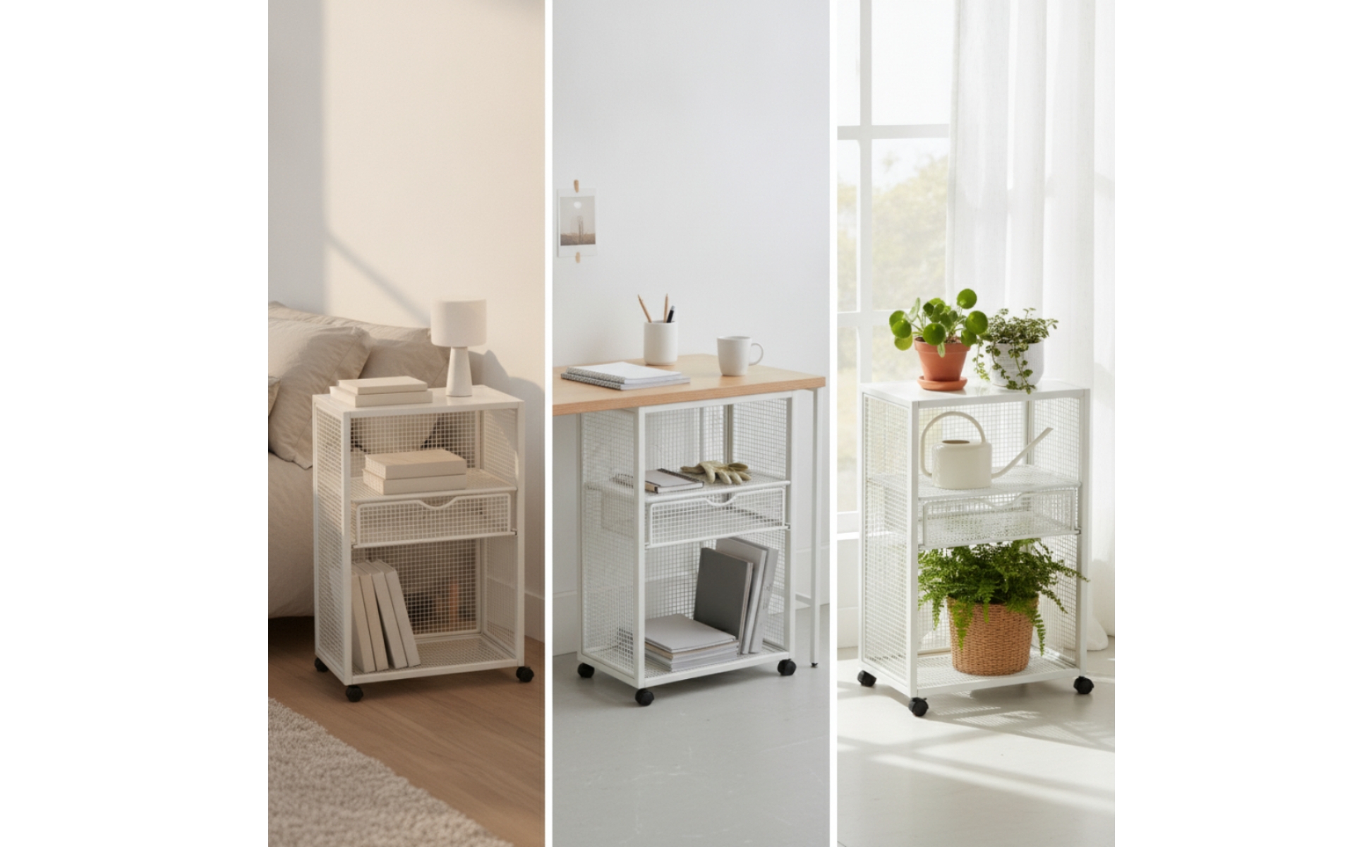 Metal Rolling Storage Cart White Finish for Reading Nook, Study Corner
