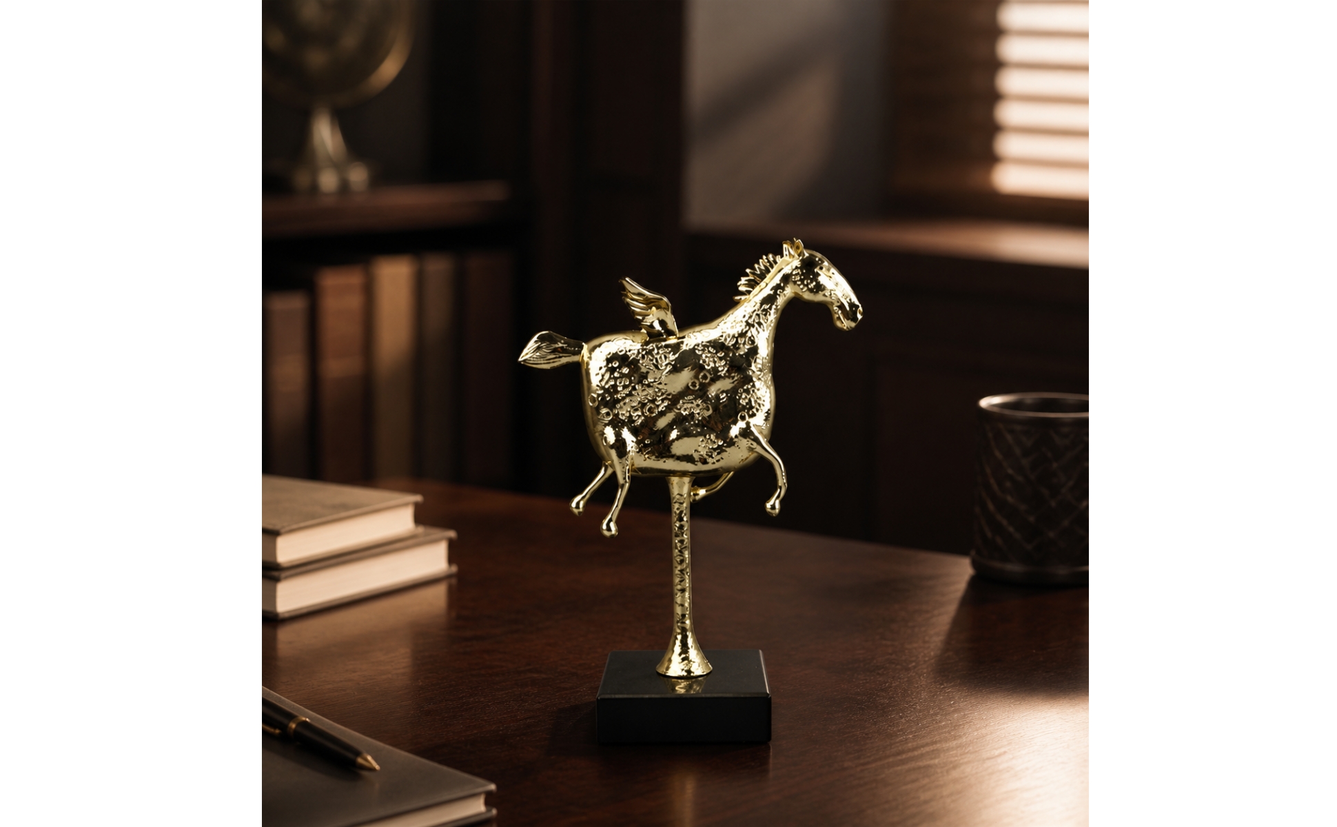 Winged Horse Figurine with Black Base Textured Brass Winged Horse Figurine