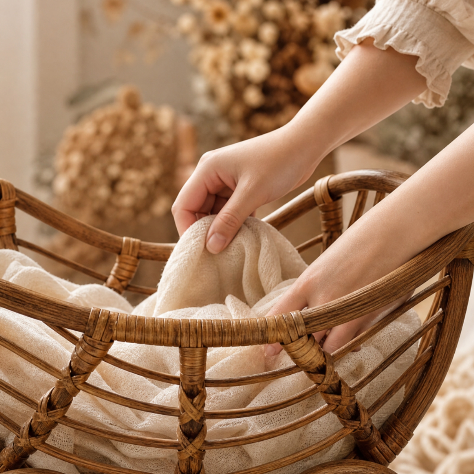 Baby-Fotokorb aus Rattan mit Rollen tragbar Rattan-Baby-Fotokorb dekorativ - Produktbild 8
