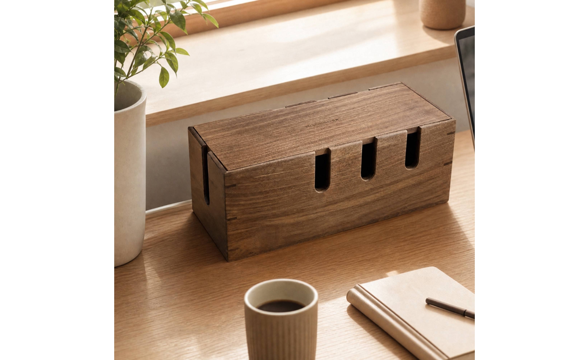 Cable Management Box with Sliding Lid Compact for Home Office, Bedside Table