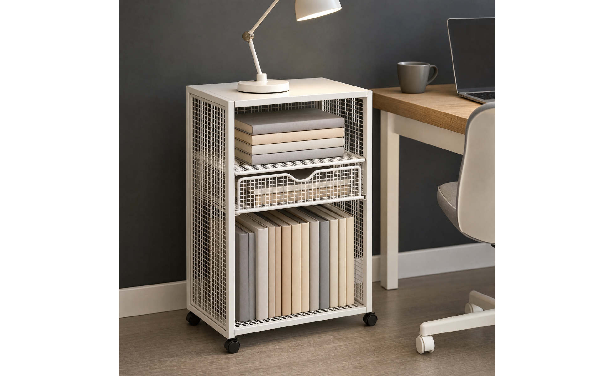 Metal Rolling Storage Cart White Finish for Reading Nook, Study Corner