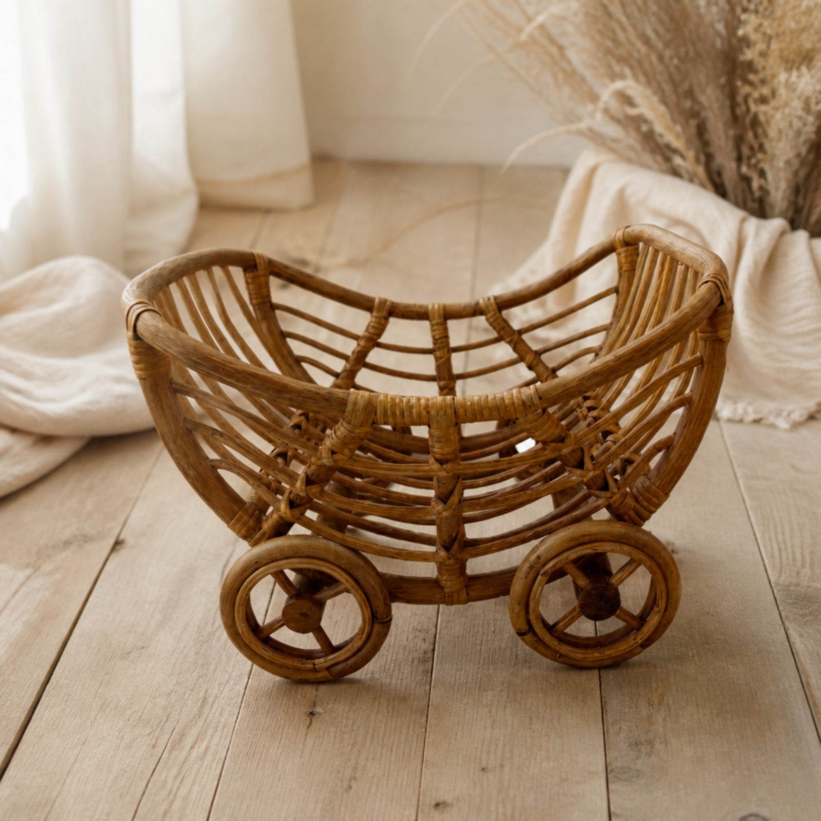 Baby-Fotokorb aus Rattan mit Rollen tragbar Rattan-Baby-Fotokorb dekorativ - Produktbild 4