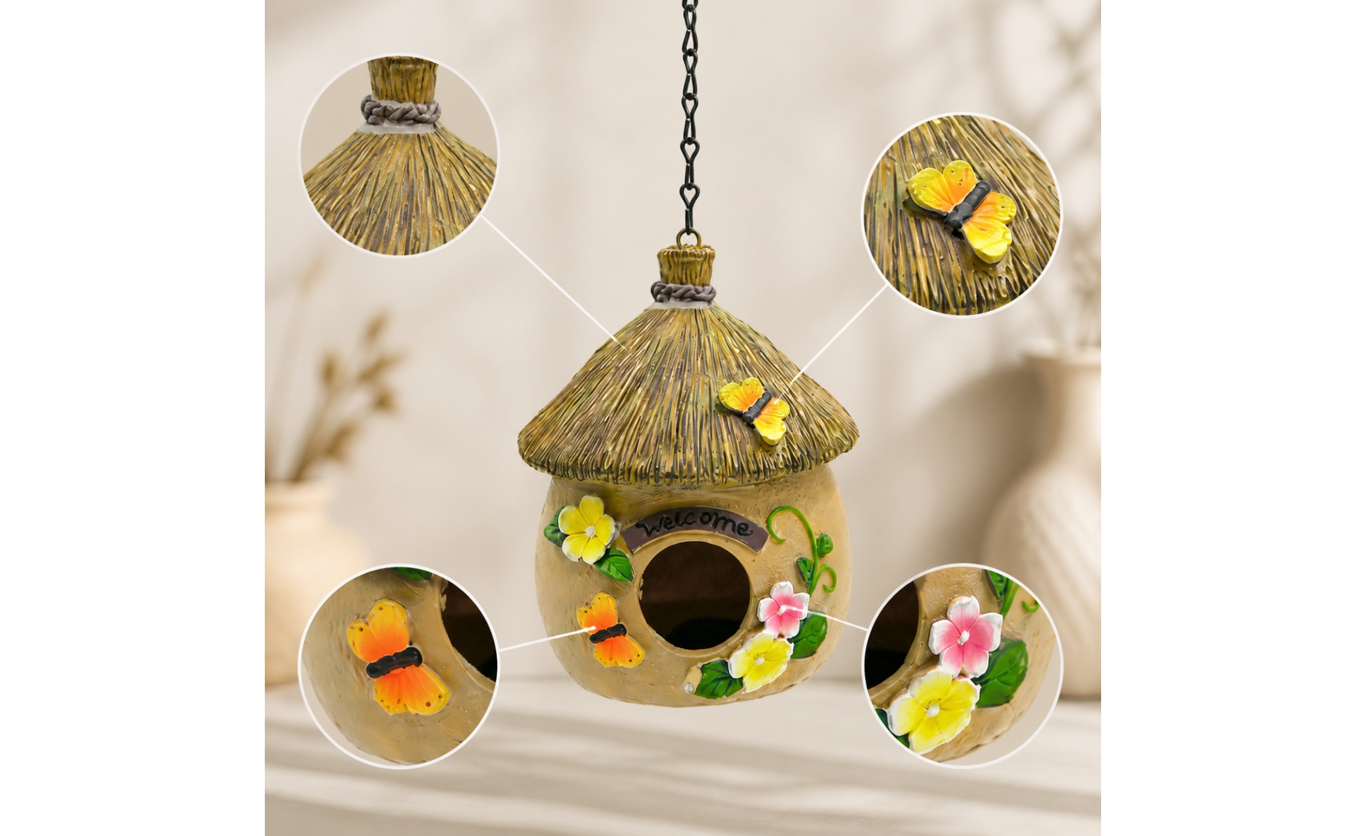 Decorative Birdhouse with Metal Chain Outdoor Hanging Birdhouse Rustic for Patio