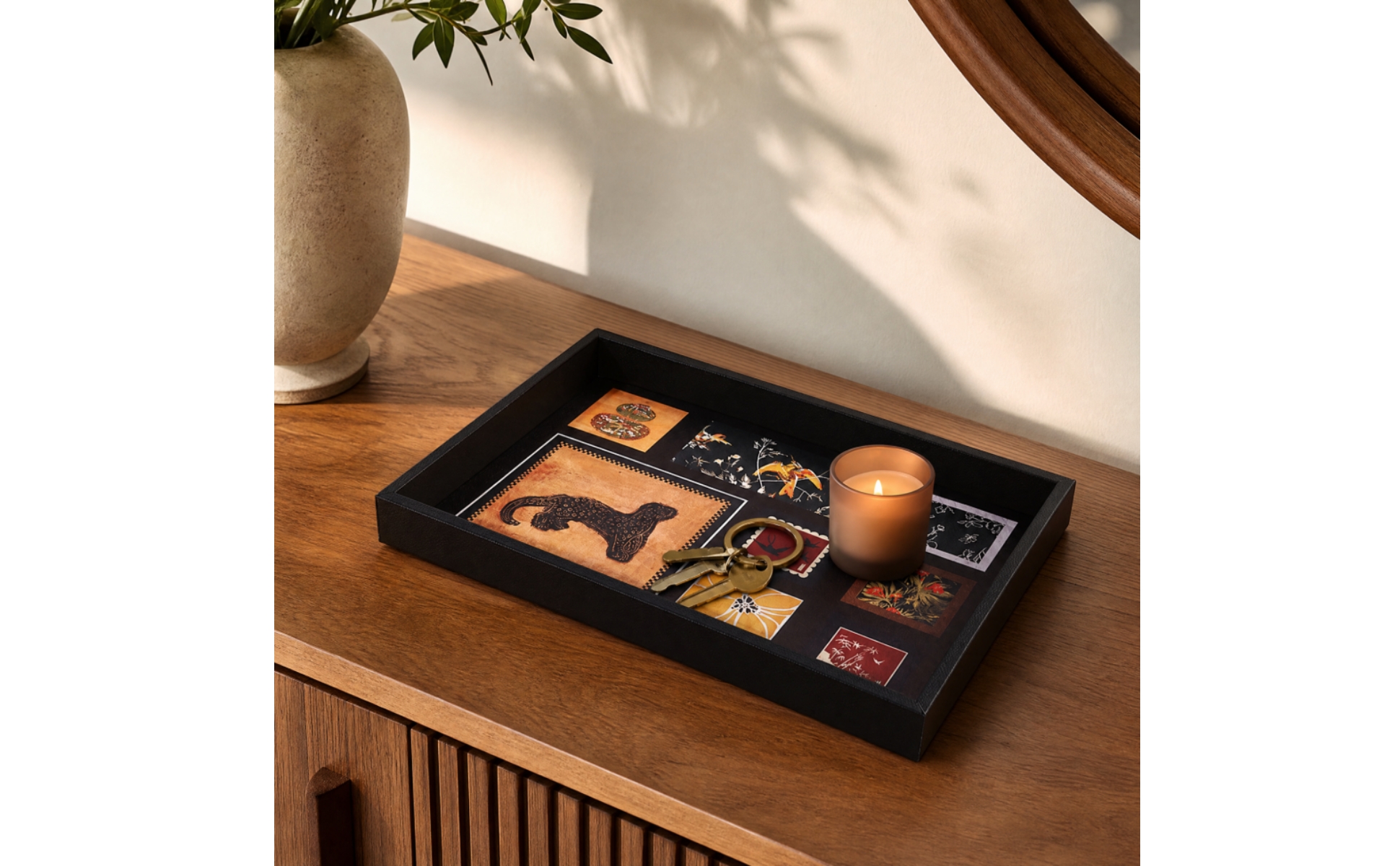 Decorative Tray with Leather-Like Printed Inset Multipurpose for Vanity, Dresser