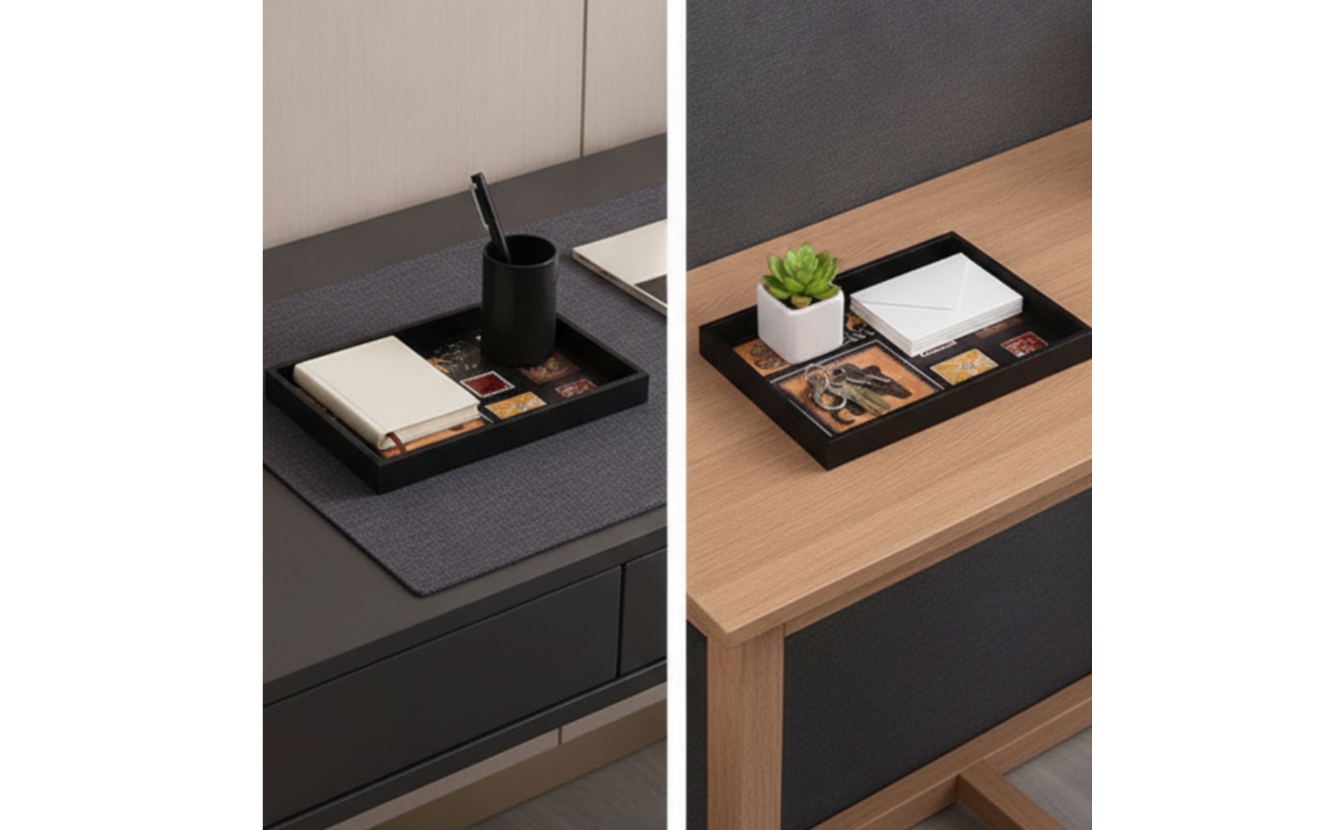 Decorative Tray with Leather-Like Printed Inset Multipurpose for Vanity, Dresser
