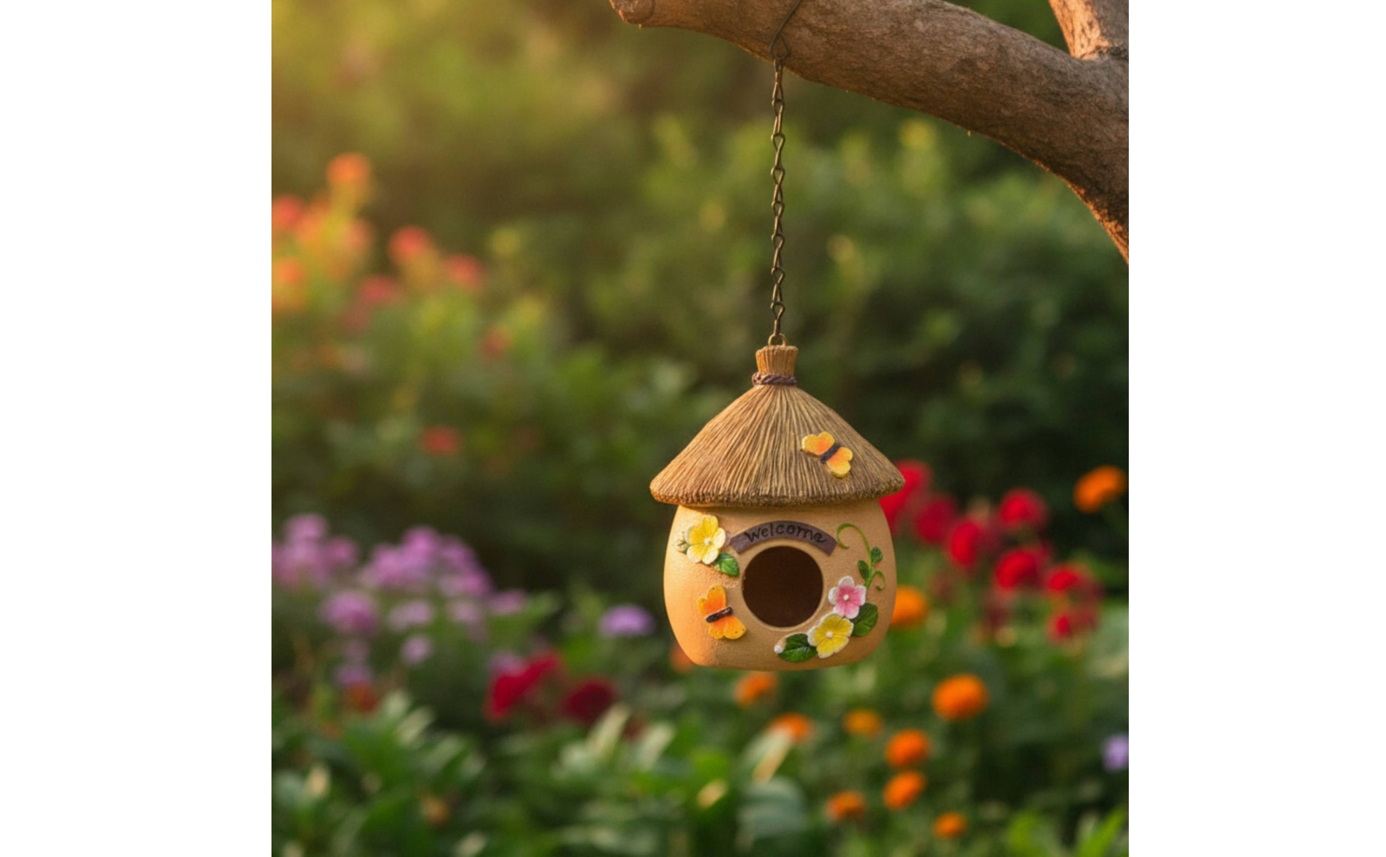 Decorative Birdhouse with Metal Chain Outdoor Hanging Birdhouse Rustic for Patio