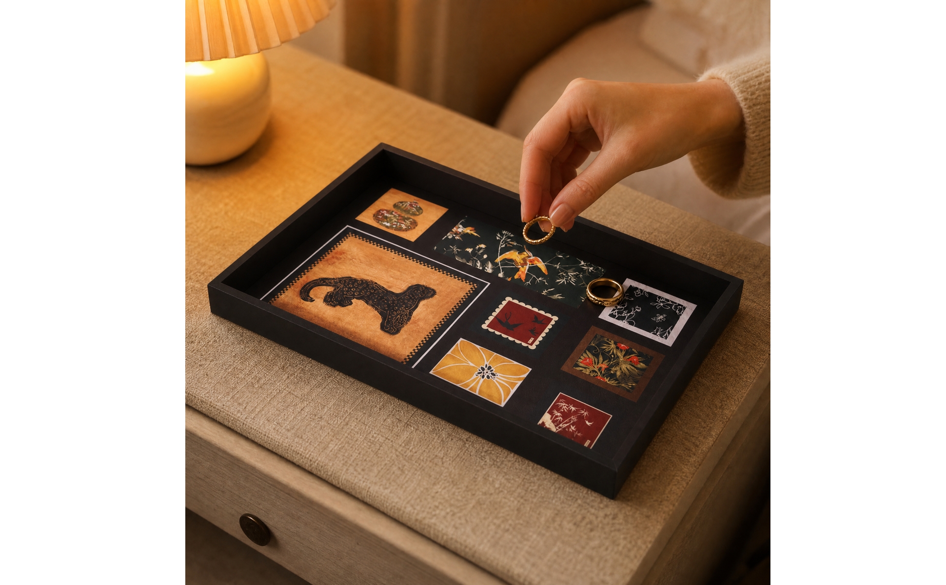 Decorative Tray with Leather-Like Printed Inset Multipurpose for Vanity, Dresser