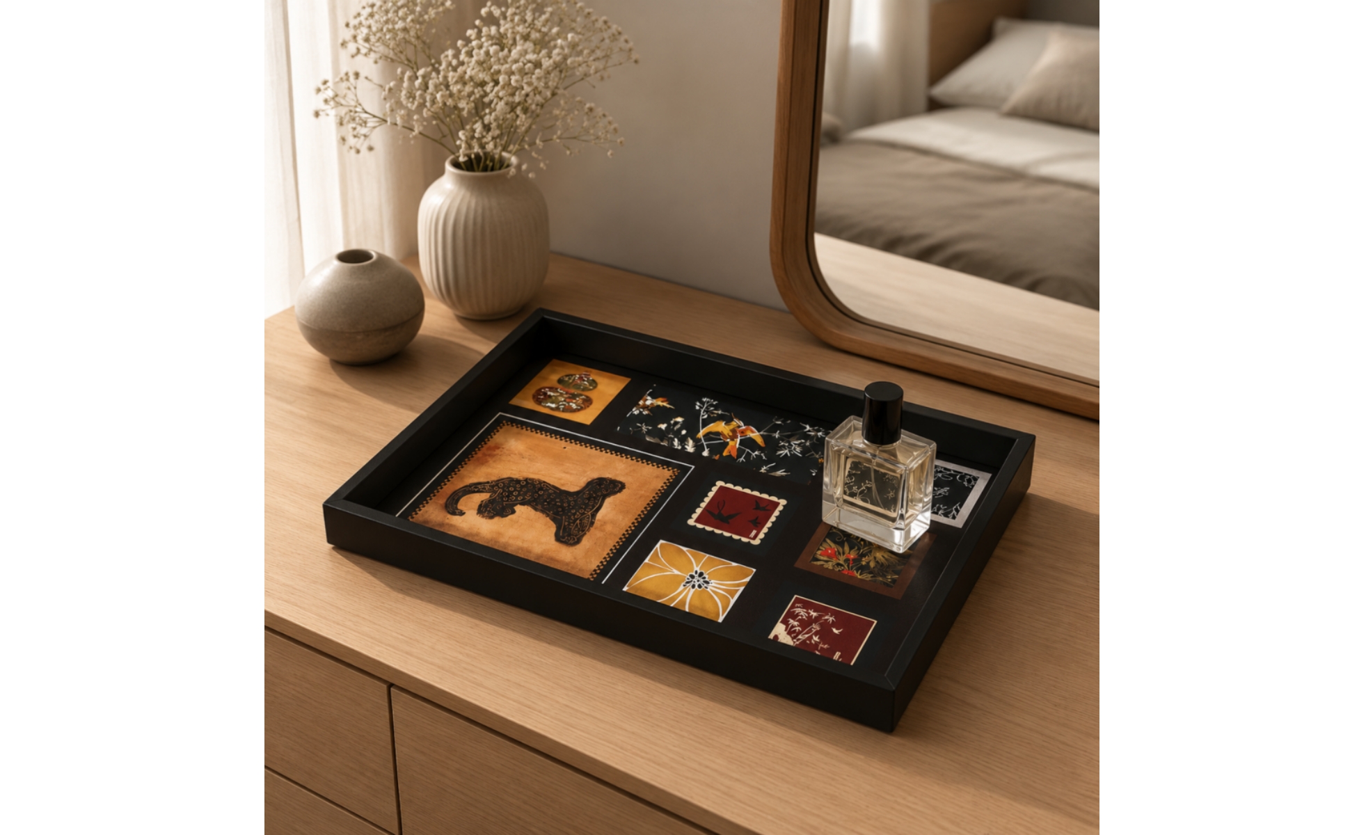 Decorative Tray with Leather-Like Printed Inset Multipurpose for Vanity, Dresser