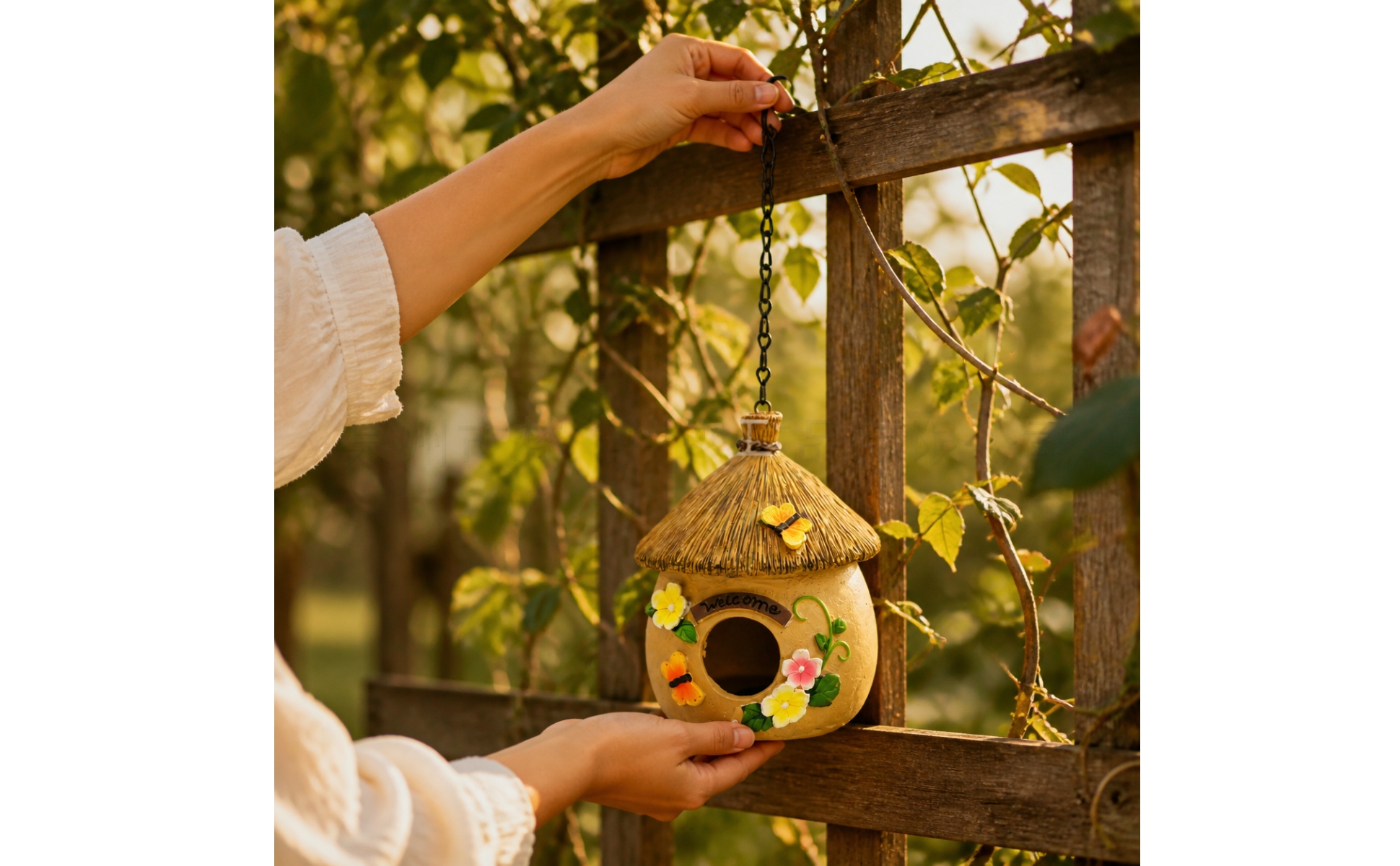 Decorative Birdhouse with Metal Chain Outdoor Hanging Birdhouse Rustic for Patio