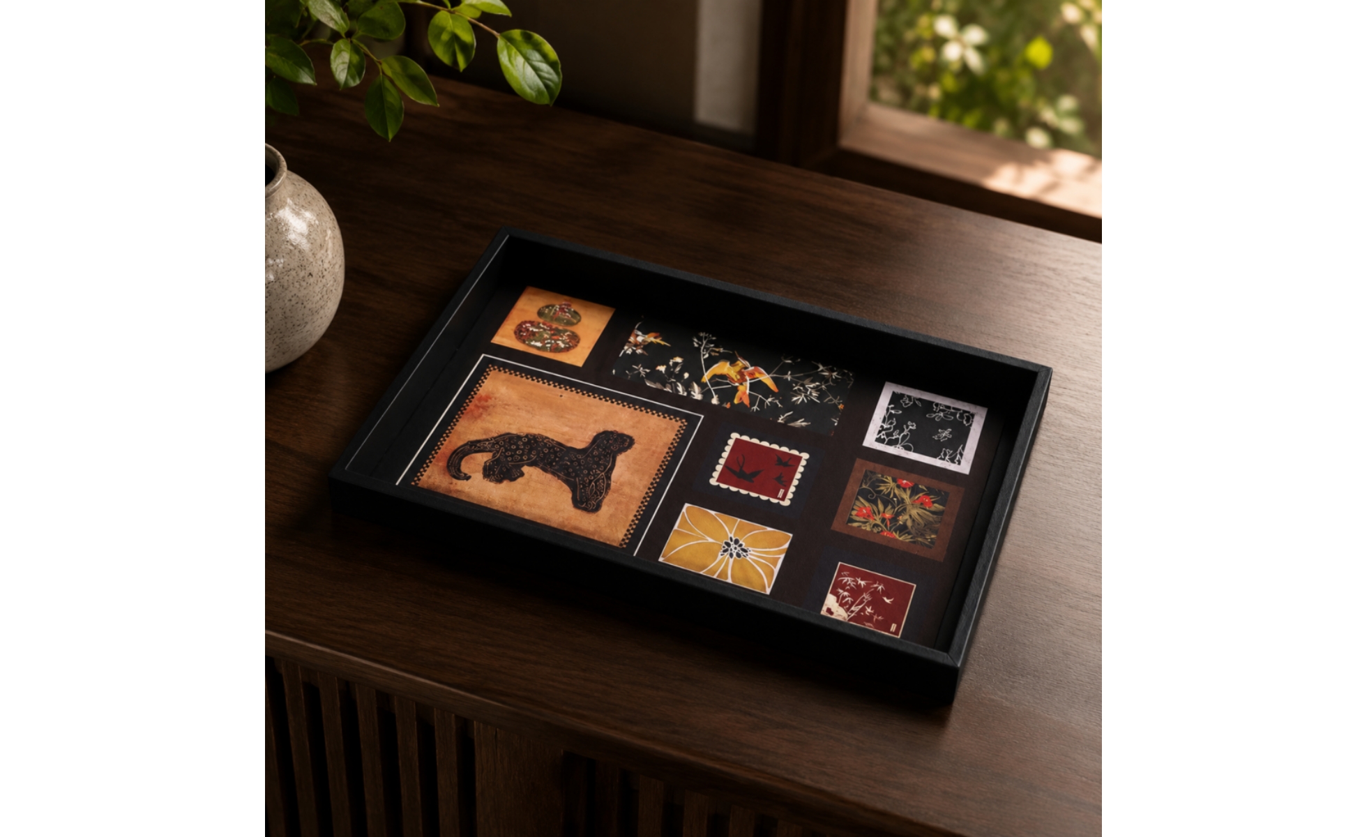 Decorative Tray with Leather-Like Printed Inset Multipurpose for Vanity, Dresser