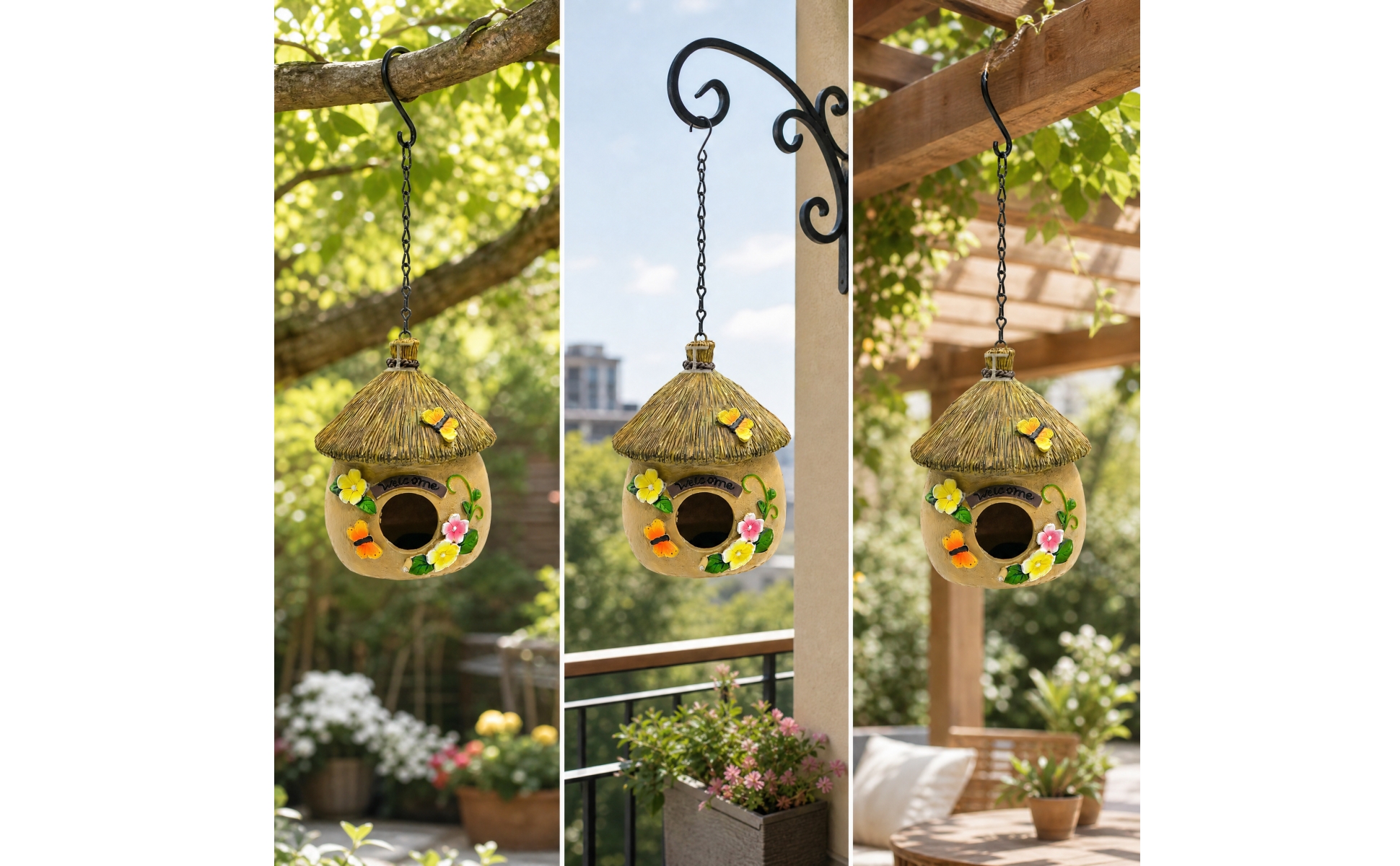 Decorative Birdhouse with Metal Chain Outdoor Hanging Birdhouse Rustic for Patio