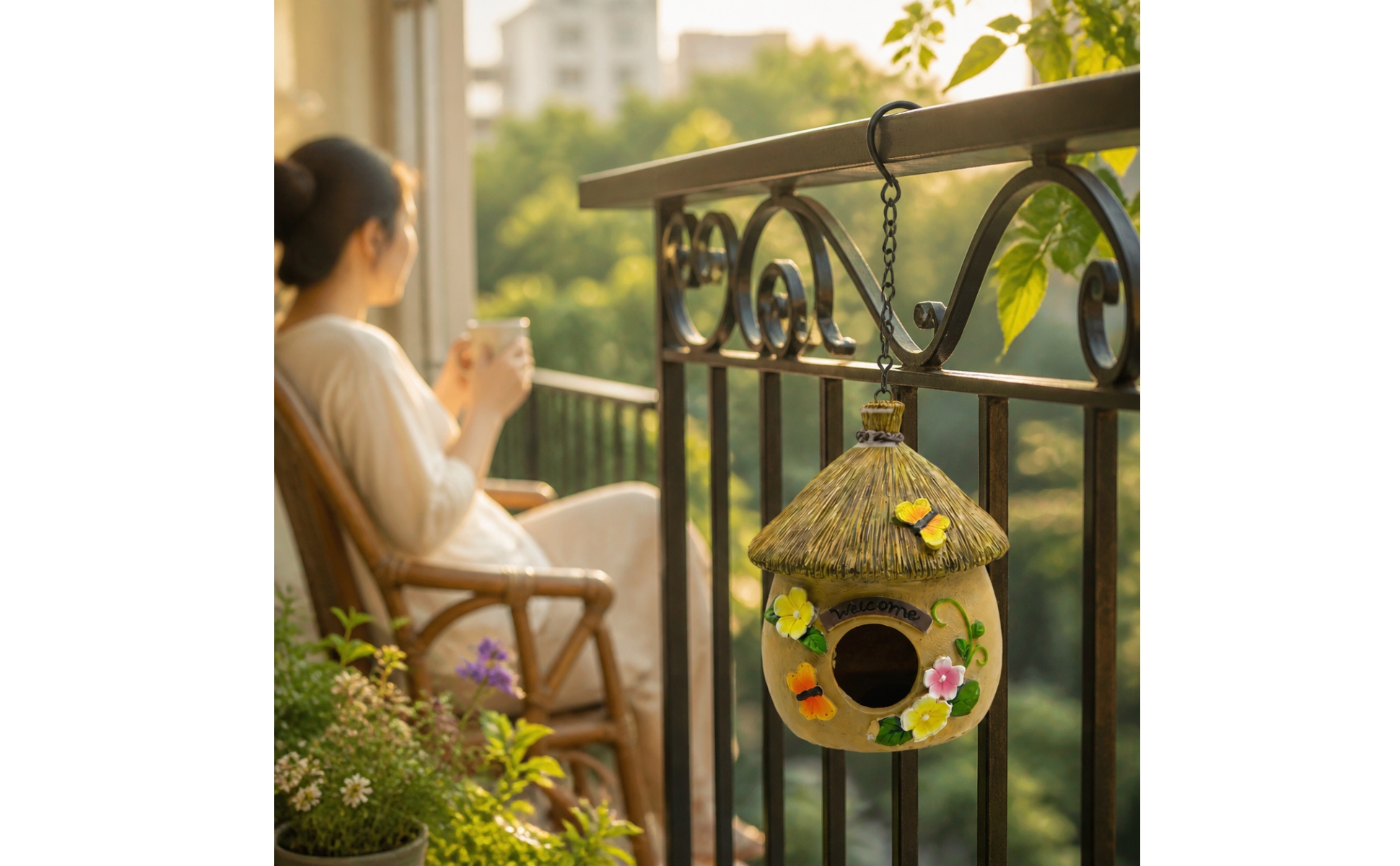 Decorative Birdhouse with Metal Chain Outdoor Hanging Birdhouse Rustic for Patio