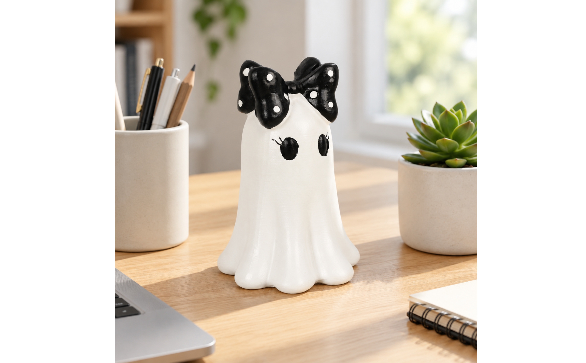 Resin Halloween Ghost Figurine Cute Ghost Figurine with Spotted Bow Spooky